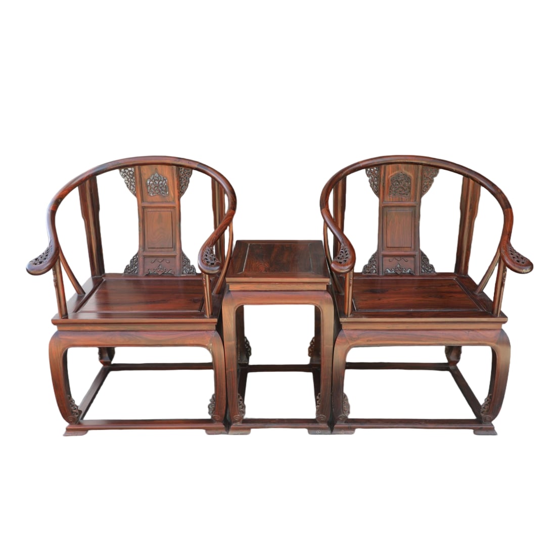 A SET OF HUANGHUALI ROUND-BACKED ARMCHAIRS WITH FLORAL PATTERN (1 of 6)