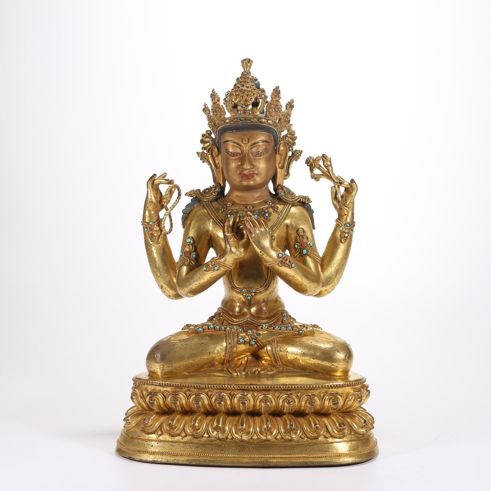 A GILT-BRONZE STATUE OF FOUR-ARMED AVALOKITESHVARA: Gilt-Bronze Statue of Four-Armed Avalokiteshvara