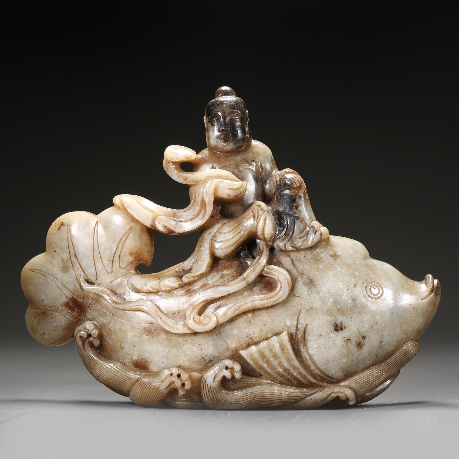 A HETIAN JADE ZITHER ON CARP ORNAMENT: Hetian Jade Zither on Carp Ornament