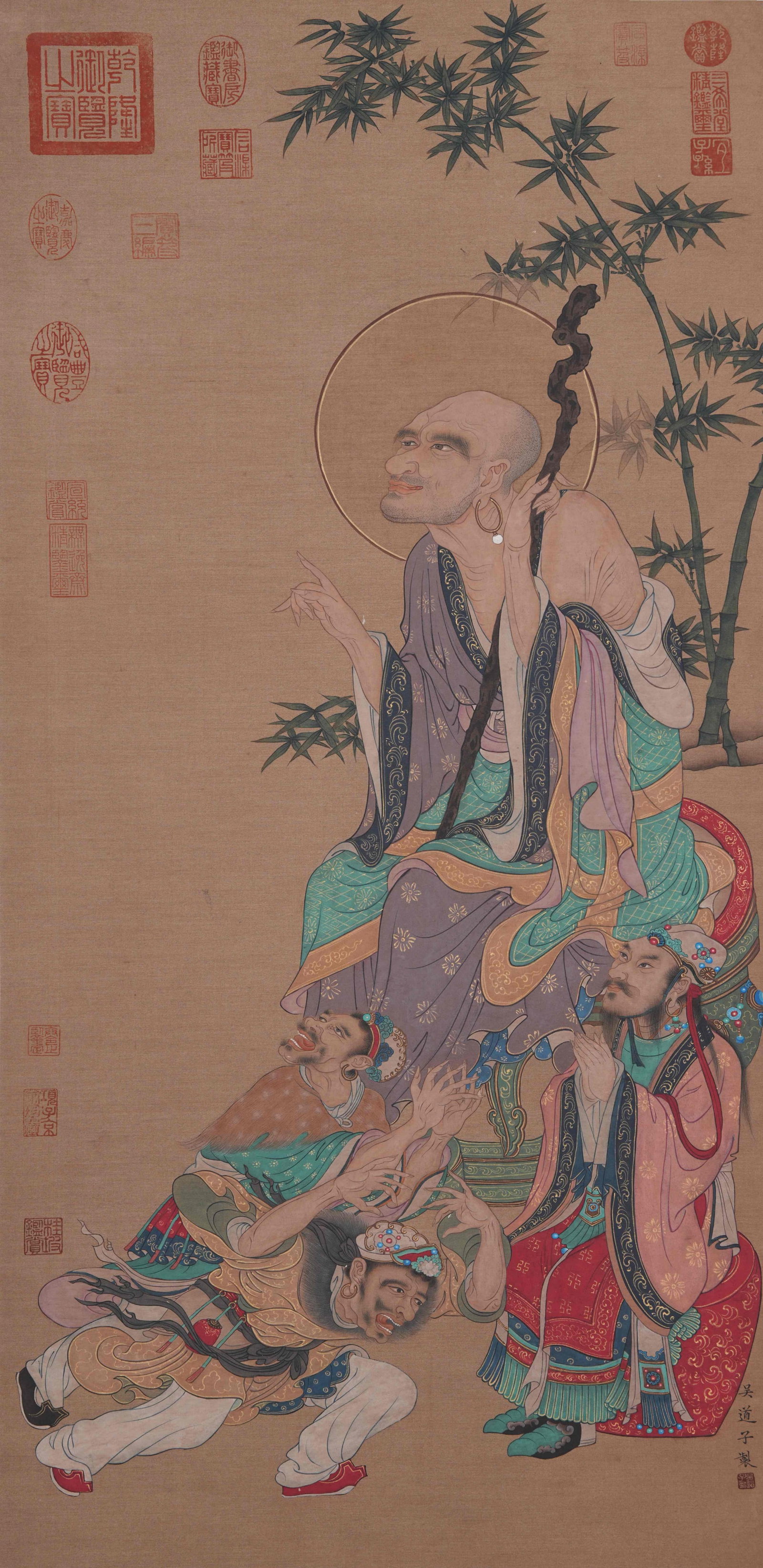 A ARHAT PAINTING ON SILK BY WU DAOZI.吳道子: Arhat Painting on Silk by Wu Daozi.吳道子