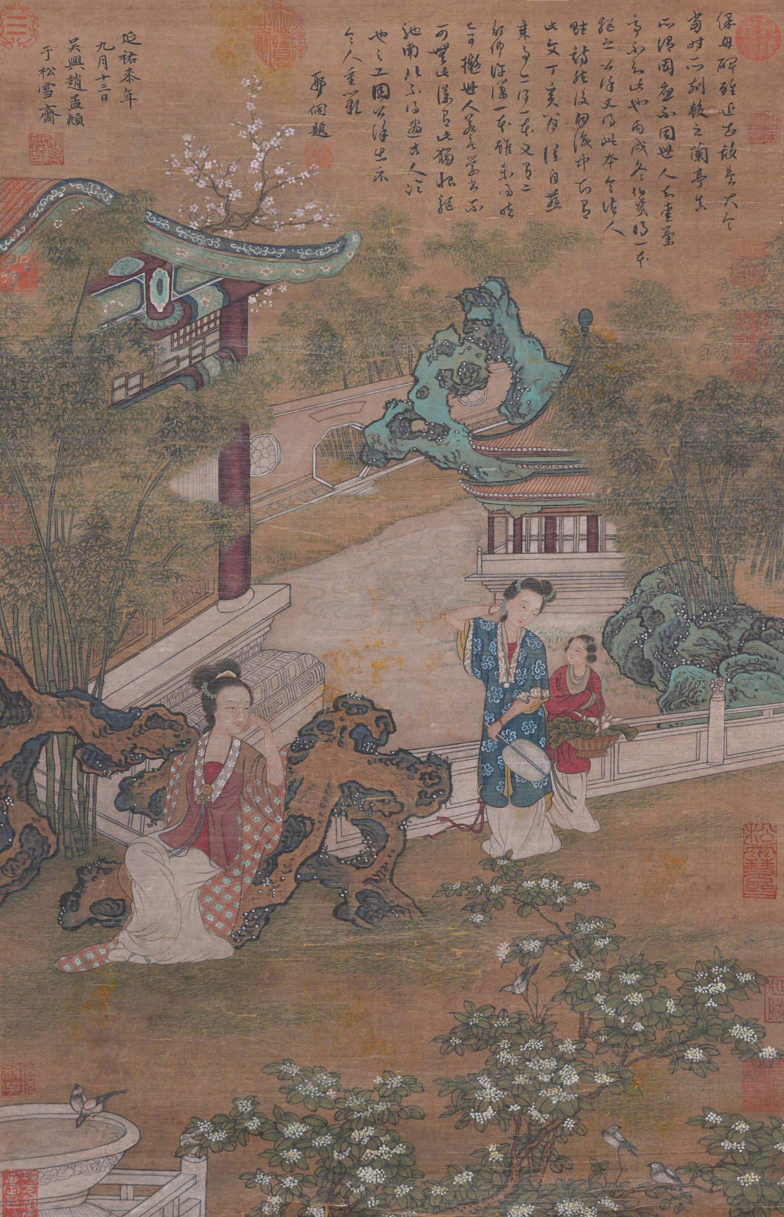 A COURTYARD FIGURE PAINTING ON SILK BY ZHAO MENGFU.趙孟頫: Courtyard Figure Painting on Silk by Zhao Mengfu.趙孟頫