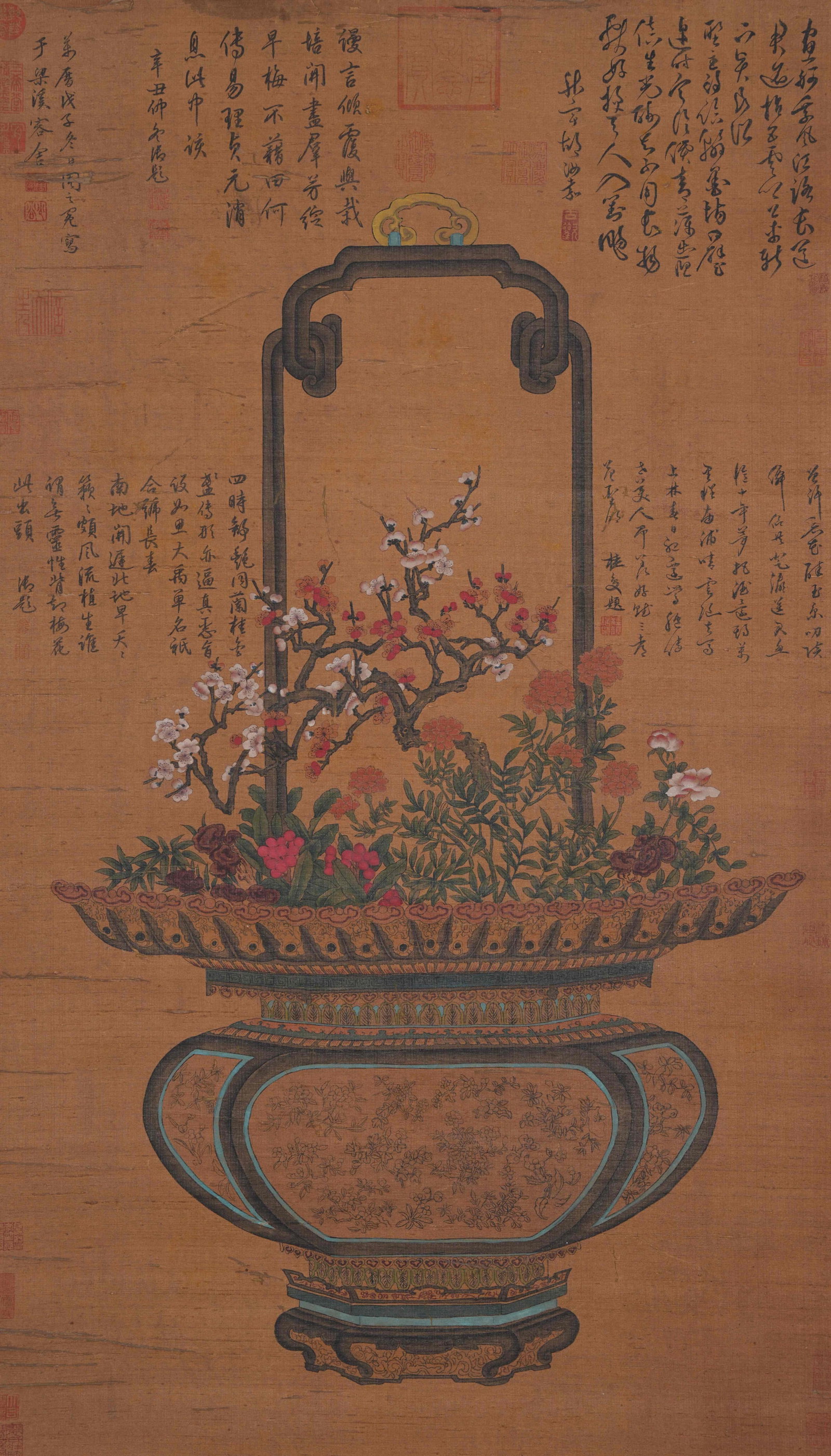 A FLOWER BASKET PAINTING ON SILK BY ZHOU ZHIMIAN.周之冕: Flower Basket Painting on Silk by Zhou Zhimian.周之冕