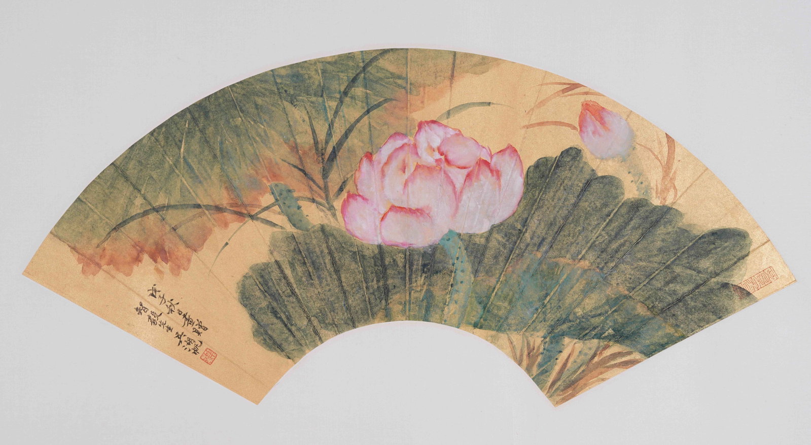 A LOTUS PAINTING ON PAPER MOUNTED UNFRAMED BY WU HUFAN.吳湖帆: Lotus Painting on Paper Mounted Unframed by Wu Hufan.吳湖帆
