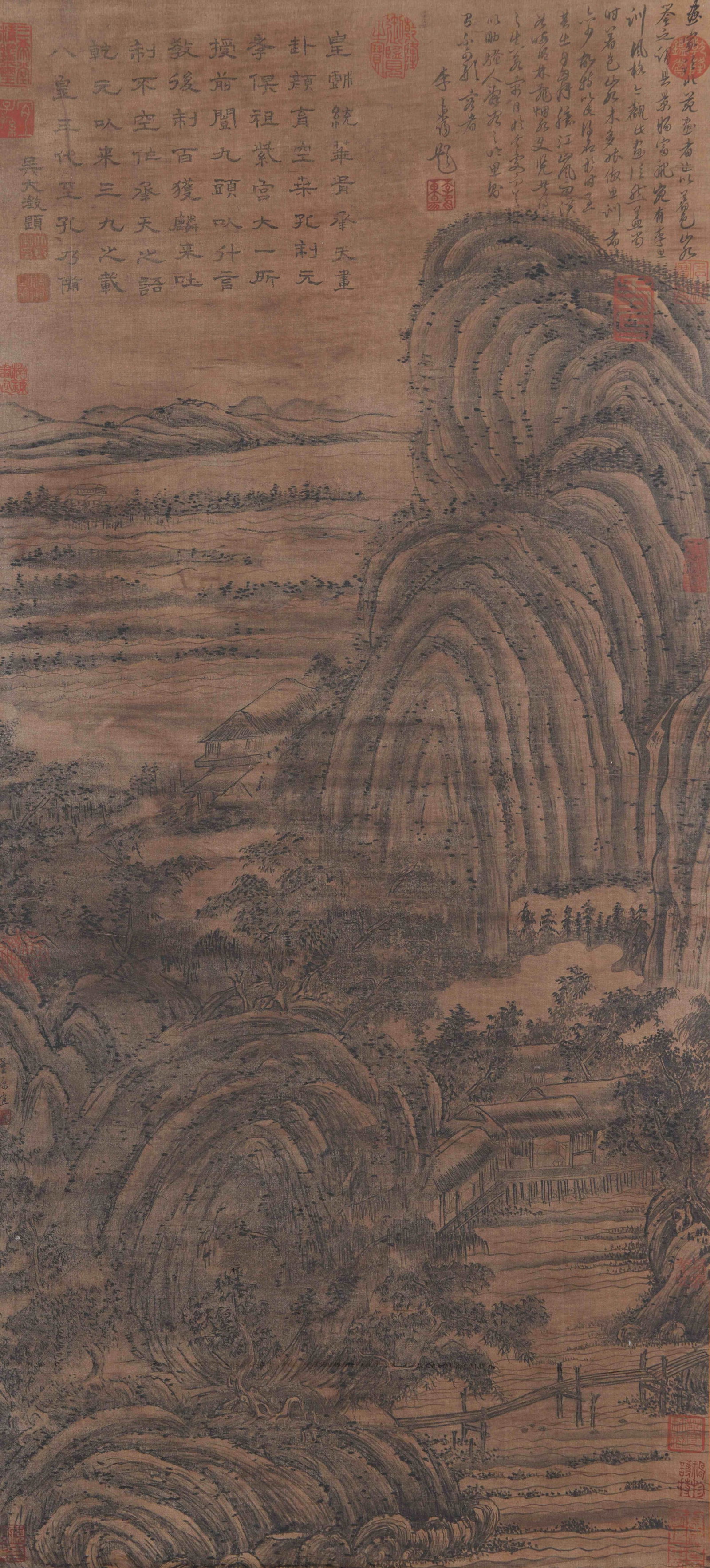 A LANDSCAPE PAINTING ON SILK BY DONG YUAN.董源: Landscape Painting on Silk by Dong Yuan.董源