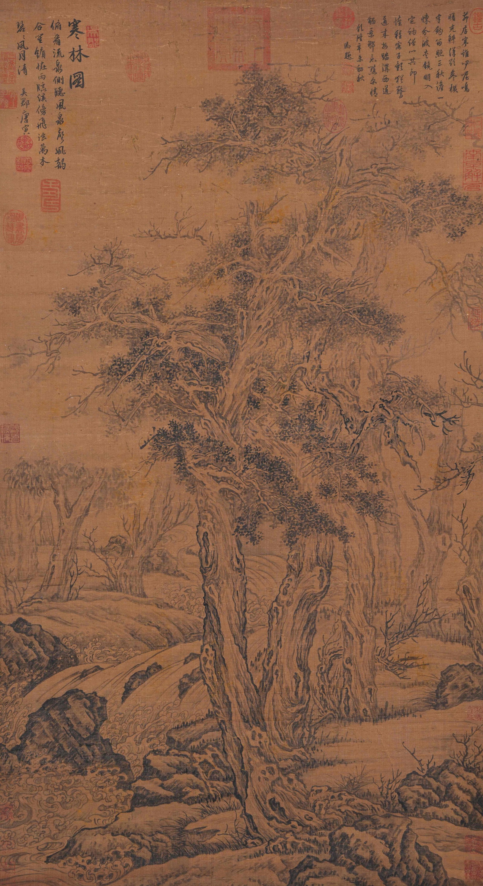 A COLD FOREST PAINTING ON SILK BY TANG BOHU.唐伯虎: Cold Forest Painting on Silk by Tang Bohu.唐伯虎