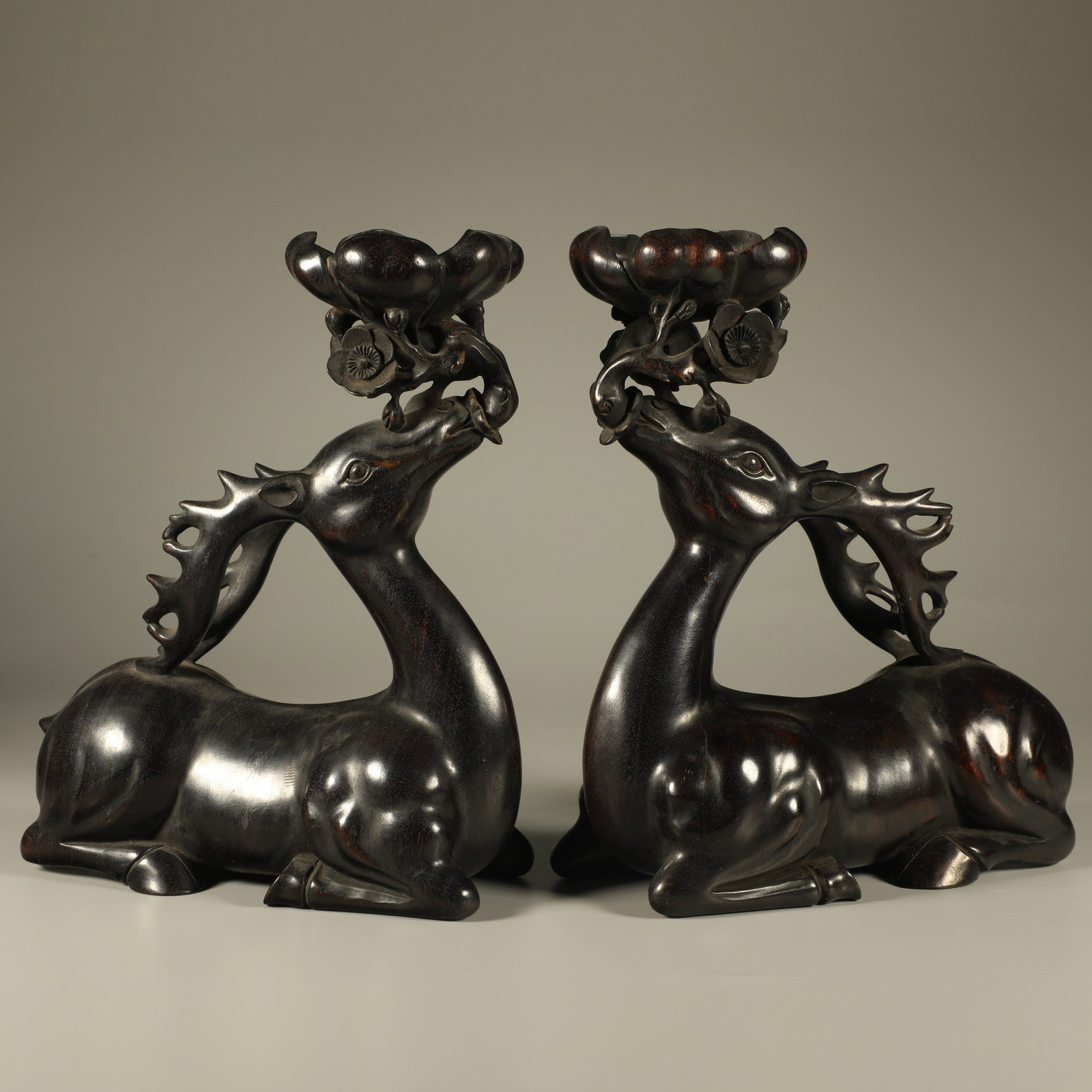 A PAIR OF RED SANDALWOOD CANDLESTICKS CARVED WITH SIKA DEER (1 of 6)