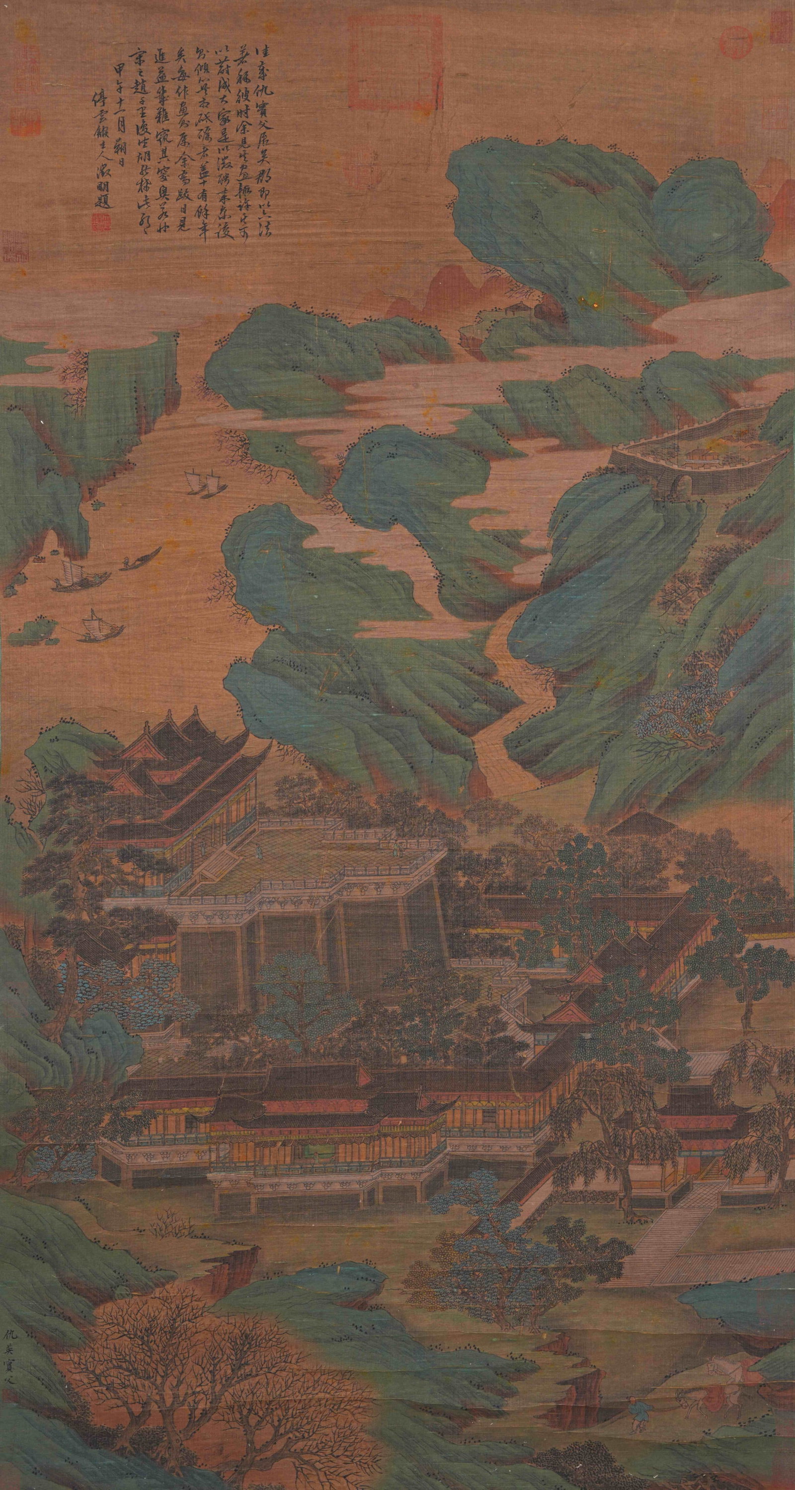 A IMMORTAL MOUNTAIN AND PAVILION PAINTING ON SILK BY QIU YING.仇英: Immortal Mountain and Pavilion Painting on Silk by Qiu Ying.仇英