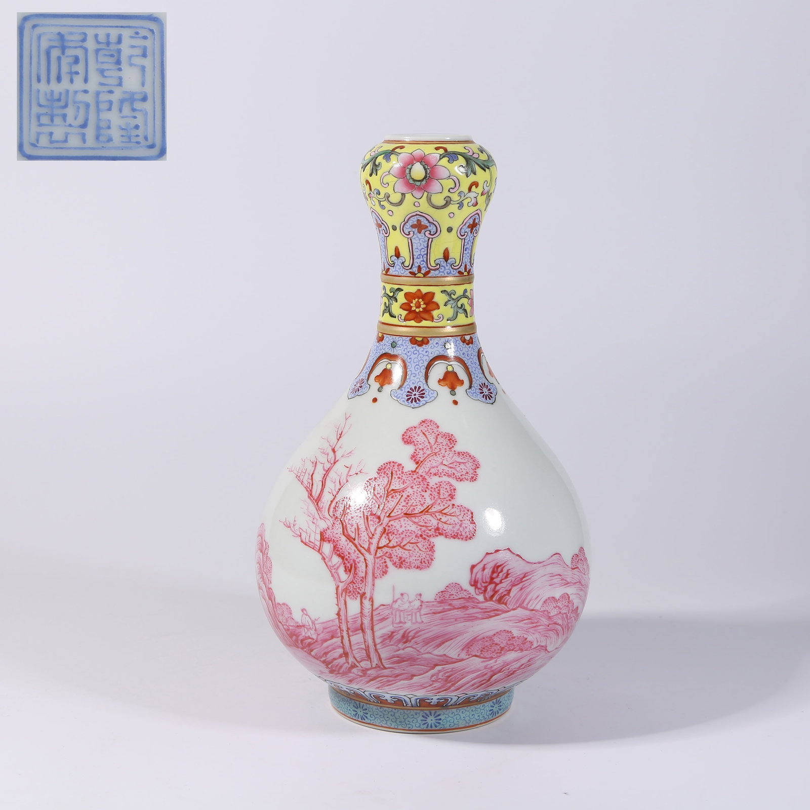 A FAMILLE-ROSE LANDSCAPE AND FIGURE-DECORATED GARLIC-HEAD VASE (1 of 10)