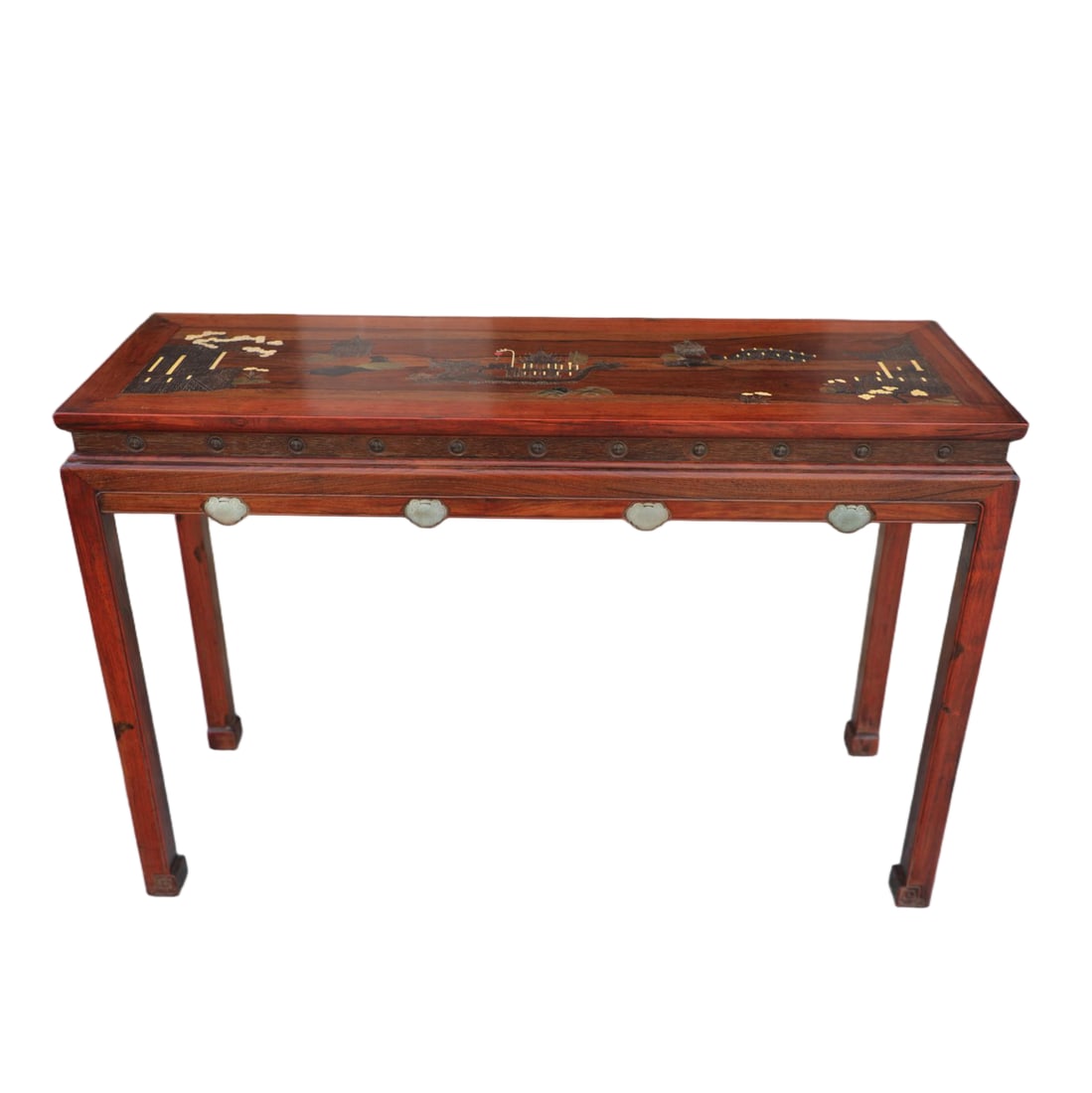 A HUANGHUALI LONG TABLE INLAID WITH PRECIOUS STONES AND DRAGON BOAT PATTERN: Huanghuali Long Table Inlaid with Precious Stones and Dragon Boat Pattern