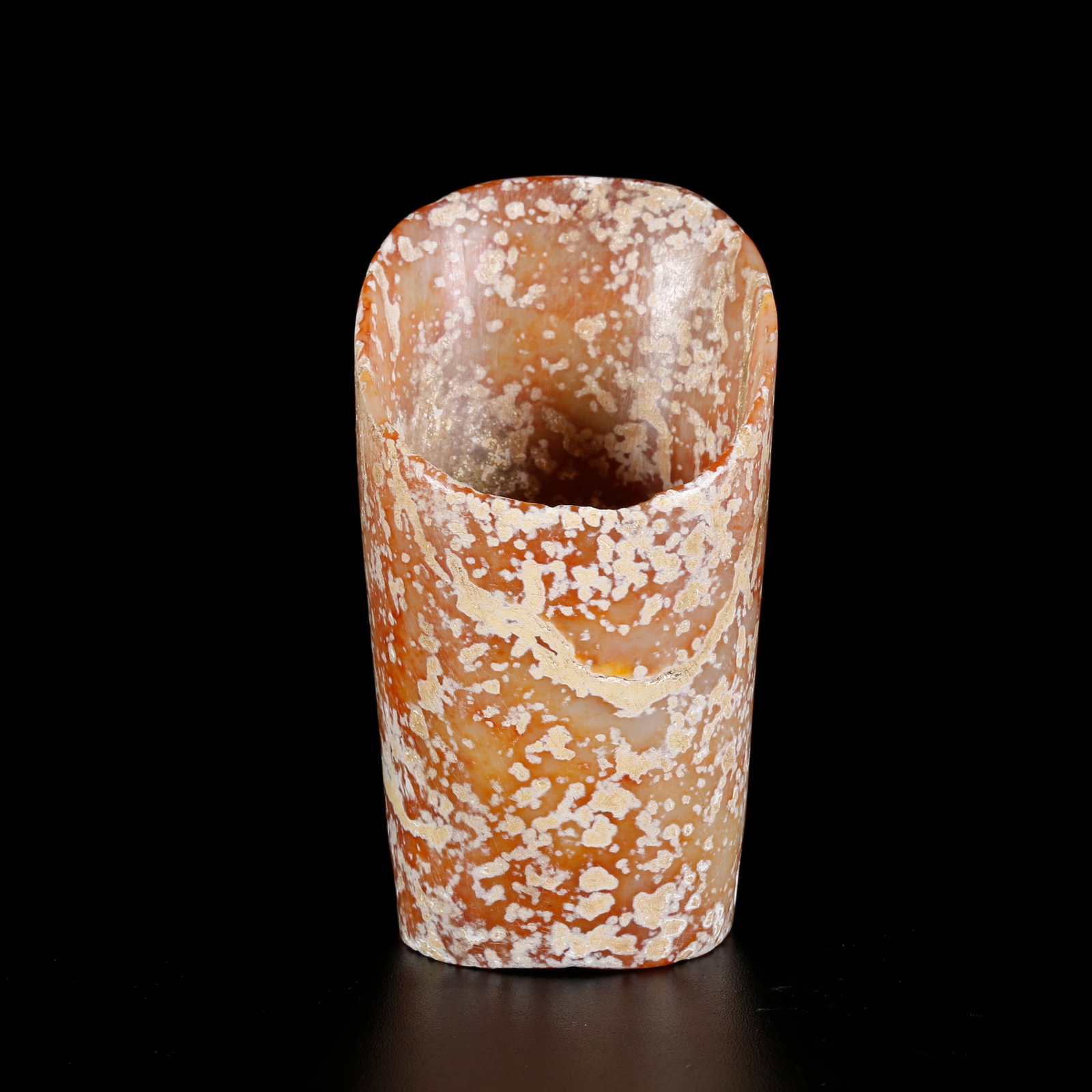A ARCHAIC JADE CARVED HORSE-HOOF TUBE: Archaic Jade Carved Horse-Hoof Tube