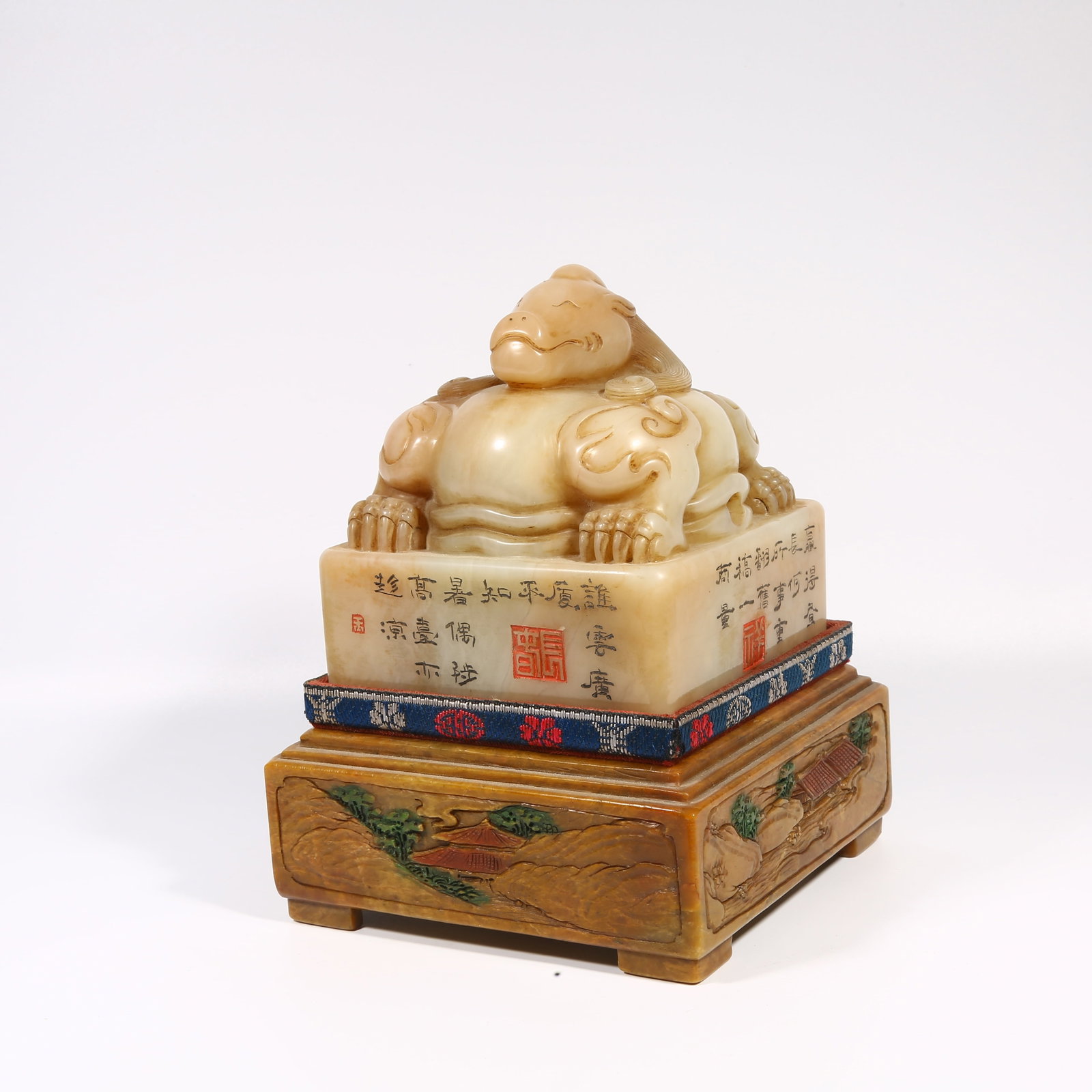 A SHOUSHAN STONE SEAL WITH MYTHICAL BEAST-SHAPED KNOB: Shoushan stone seal with mythical beast-shaped knob
