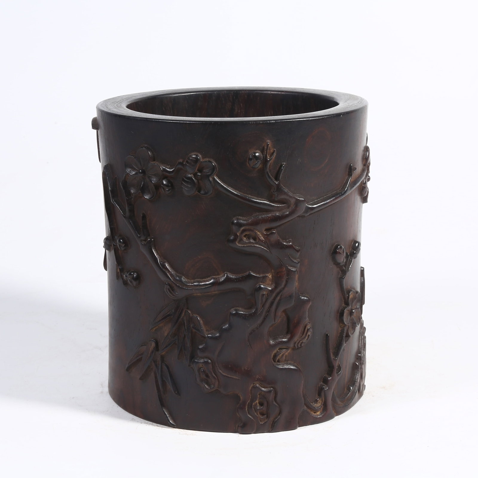 A ZITAN BRUSH POT WITH "THREE FRIENDS OF WINTER" PATTERN: Zitan Brush Pot with "Three Friends of Winter" Pattern