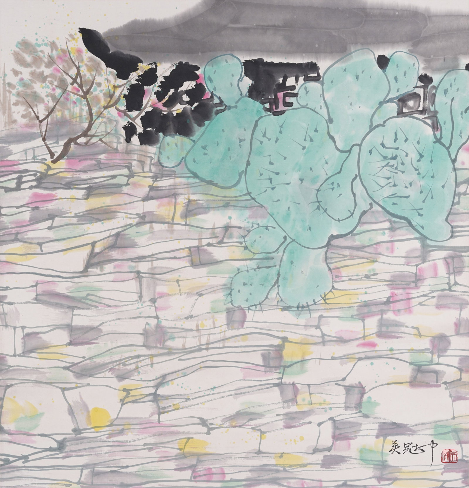 A LANDSCAPE PAINTING ON PAPER BY WU GUANZHONG.吳冠中: Landscape Painting on Paper by Wu Guanzhong.吳冠中