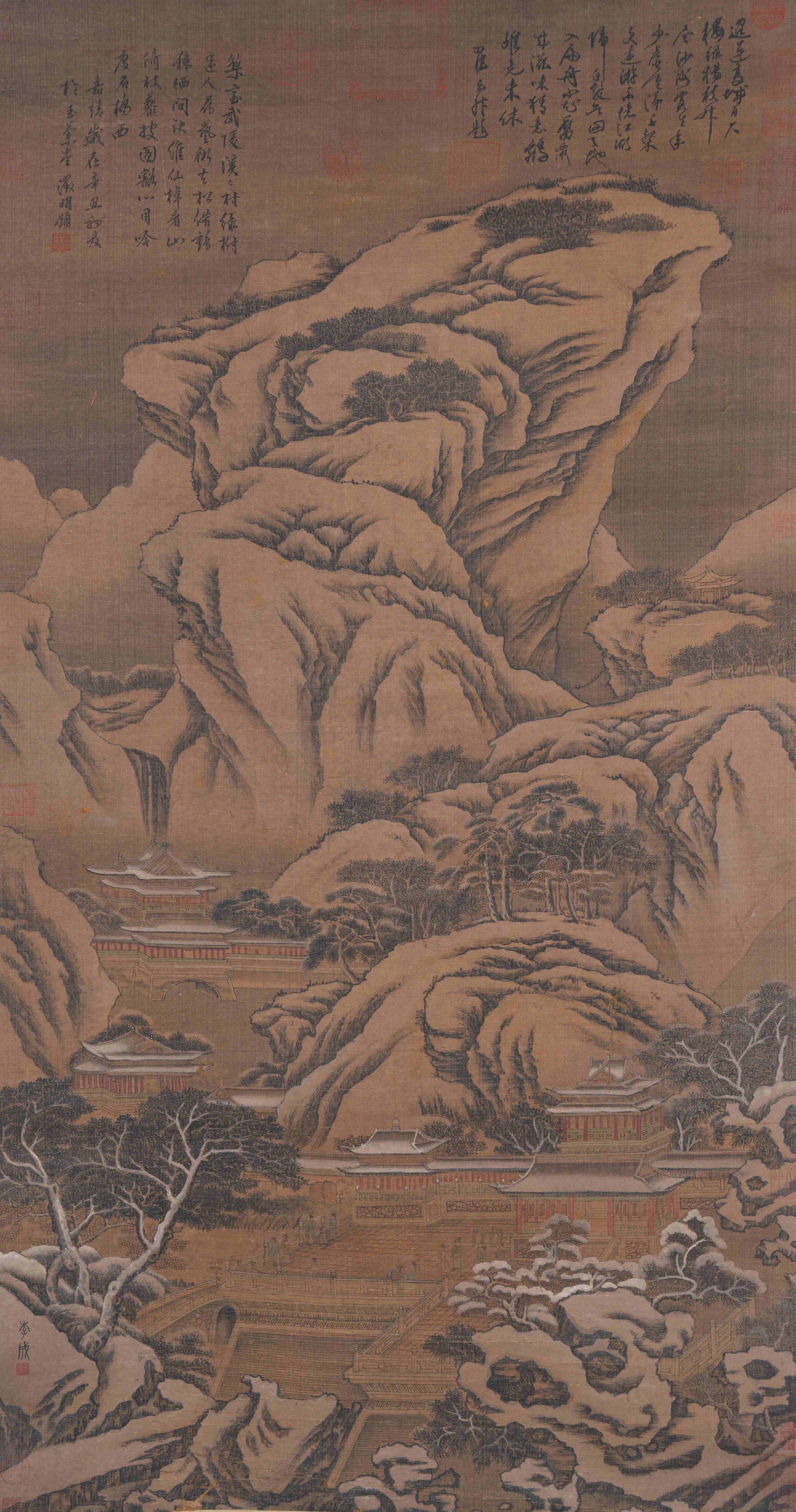 A LANDSCAPE AND PAVILION PAINTING ON SILK BY LI CHENG.李成: Landscape and Pavilion Painting on Silk by Li Cheng.李成
