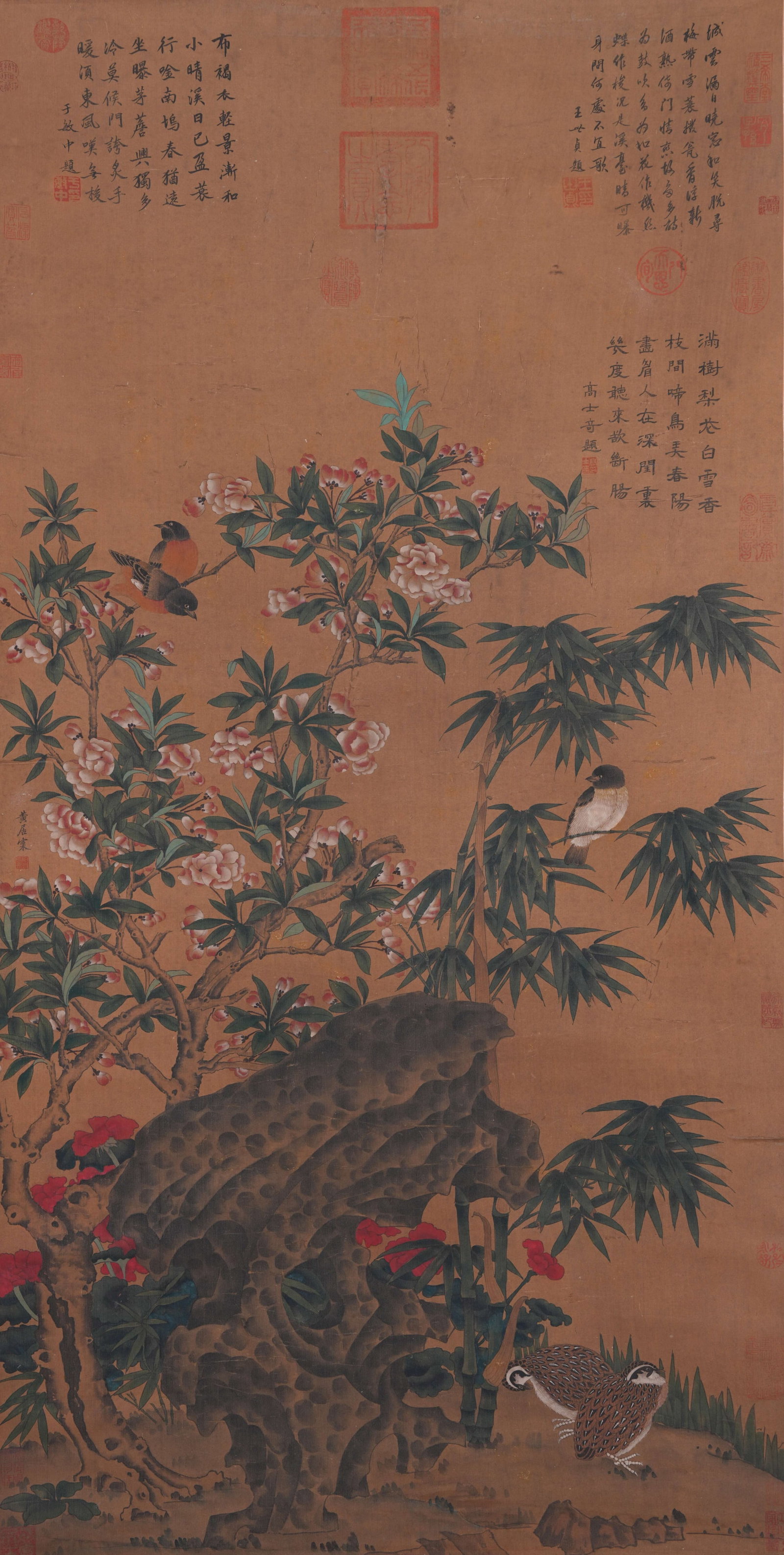 A FLOWER AND BIRD PAINTING ON SILK BY HUANG JUCAI.黃居寀: Flower and Bird Painting on Silk by Huang Jucai.黃居寀