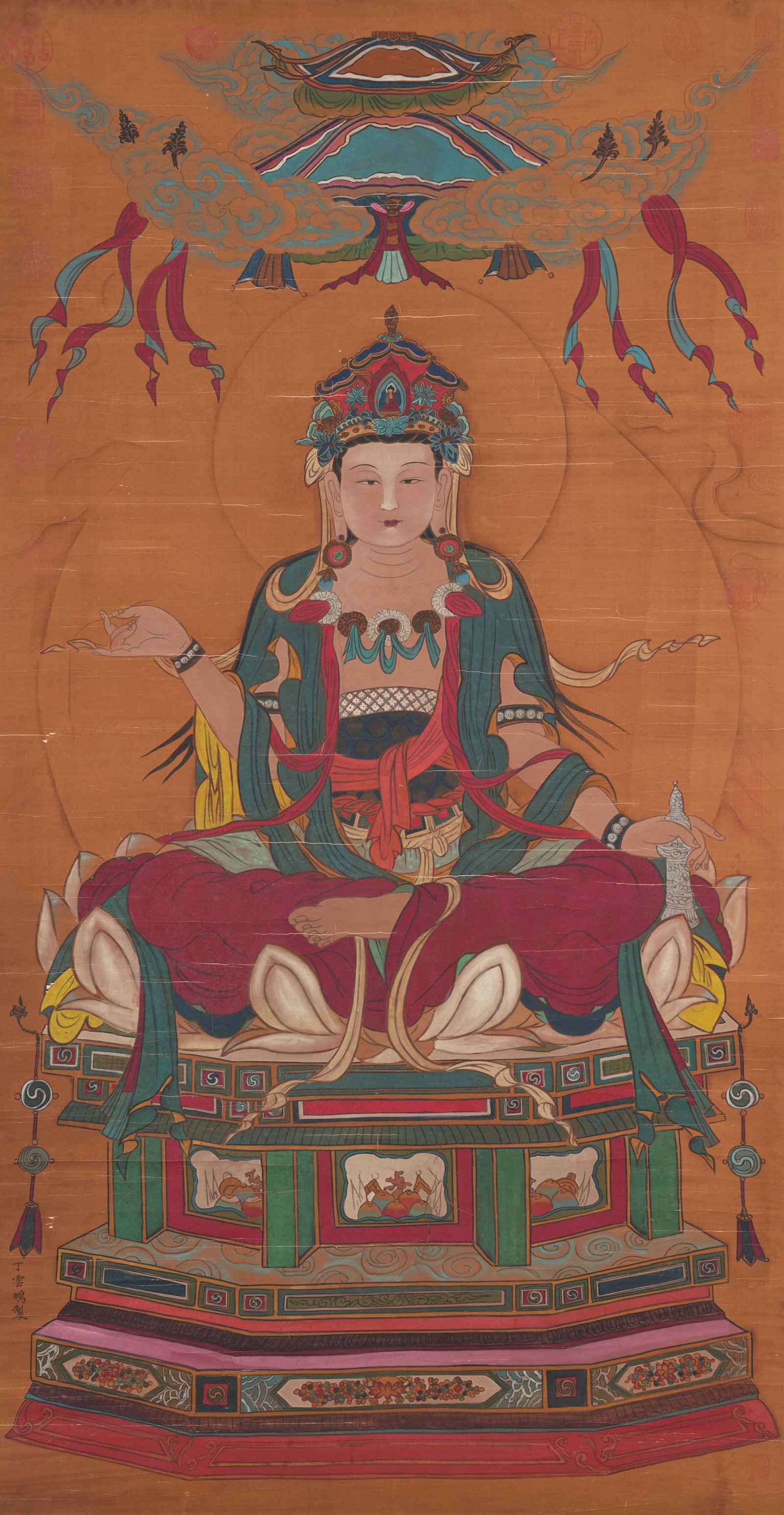 A BUDDHA PAINTING ON SILK BY DING YUNPENG.丁雲鵬: Buddha Painting on Silk by Ding Yunpeng.丁雲鵬