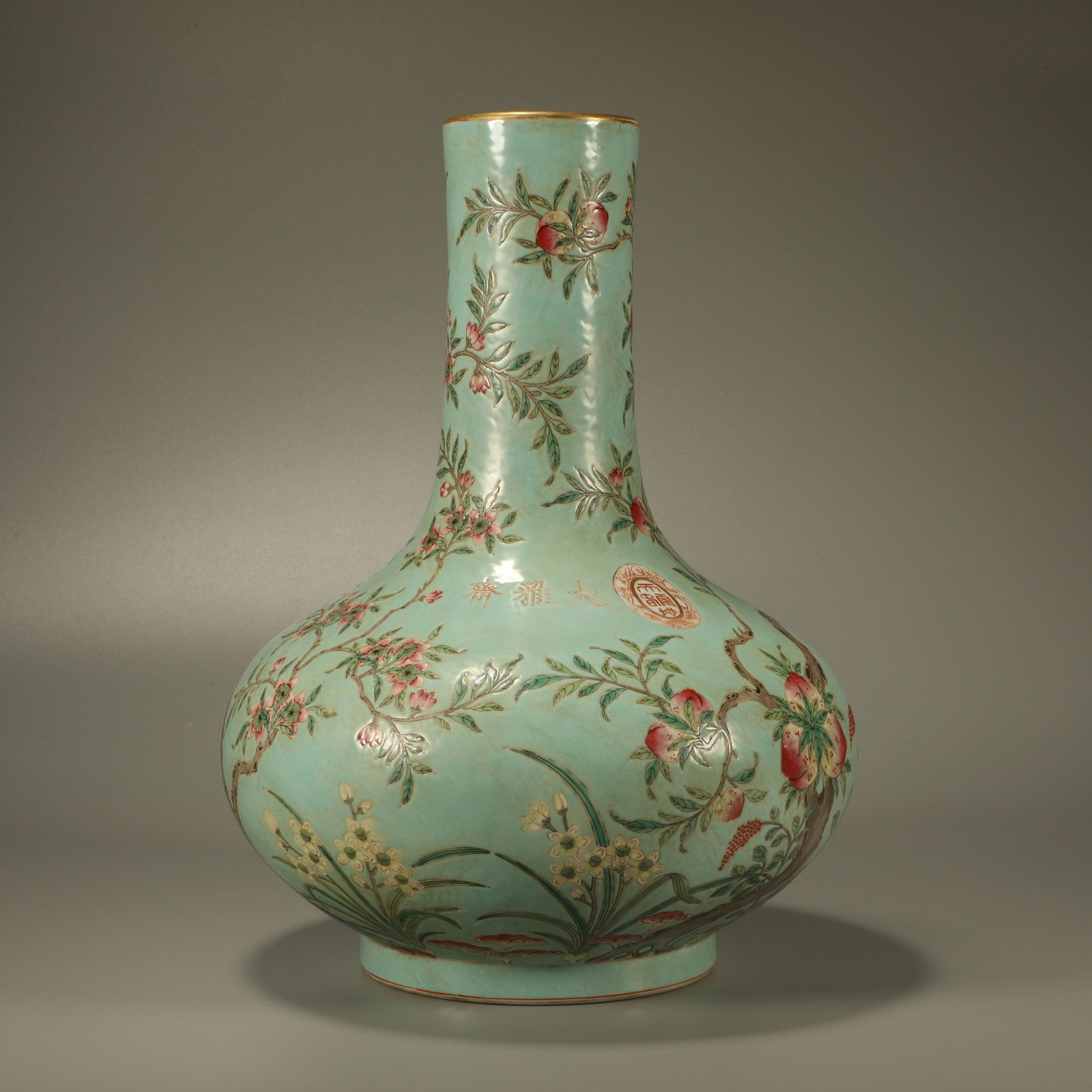 A PINK-GLAZED PEACH VASE WITH TURQUOISE GROUND (1 of 7)