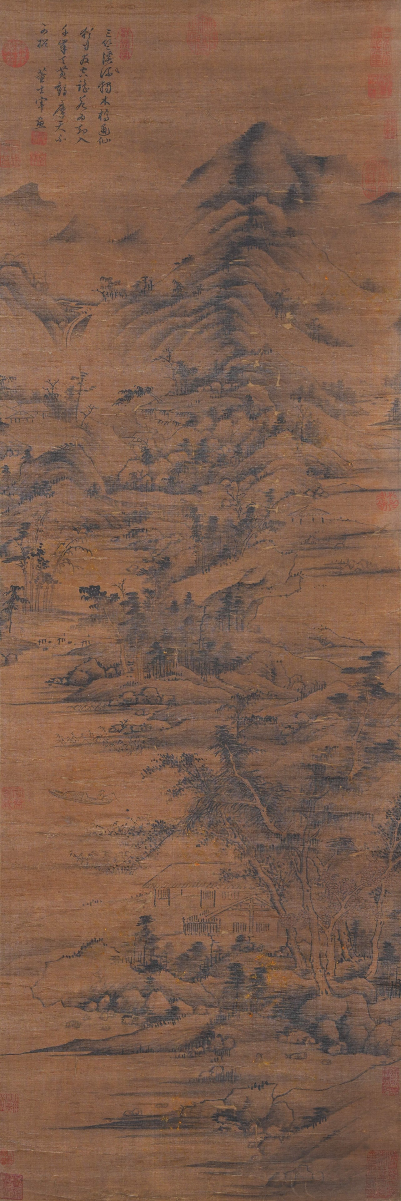 A LANDSCAPE PAINTING ON SILK BY DONG QICHANG.董其昌: Landscape Painting on Silk by Dong Qichang.董其昌