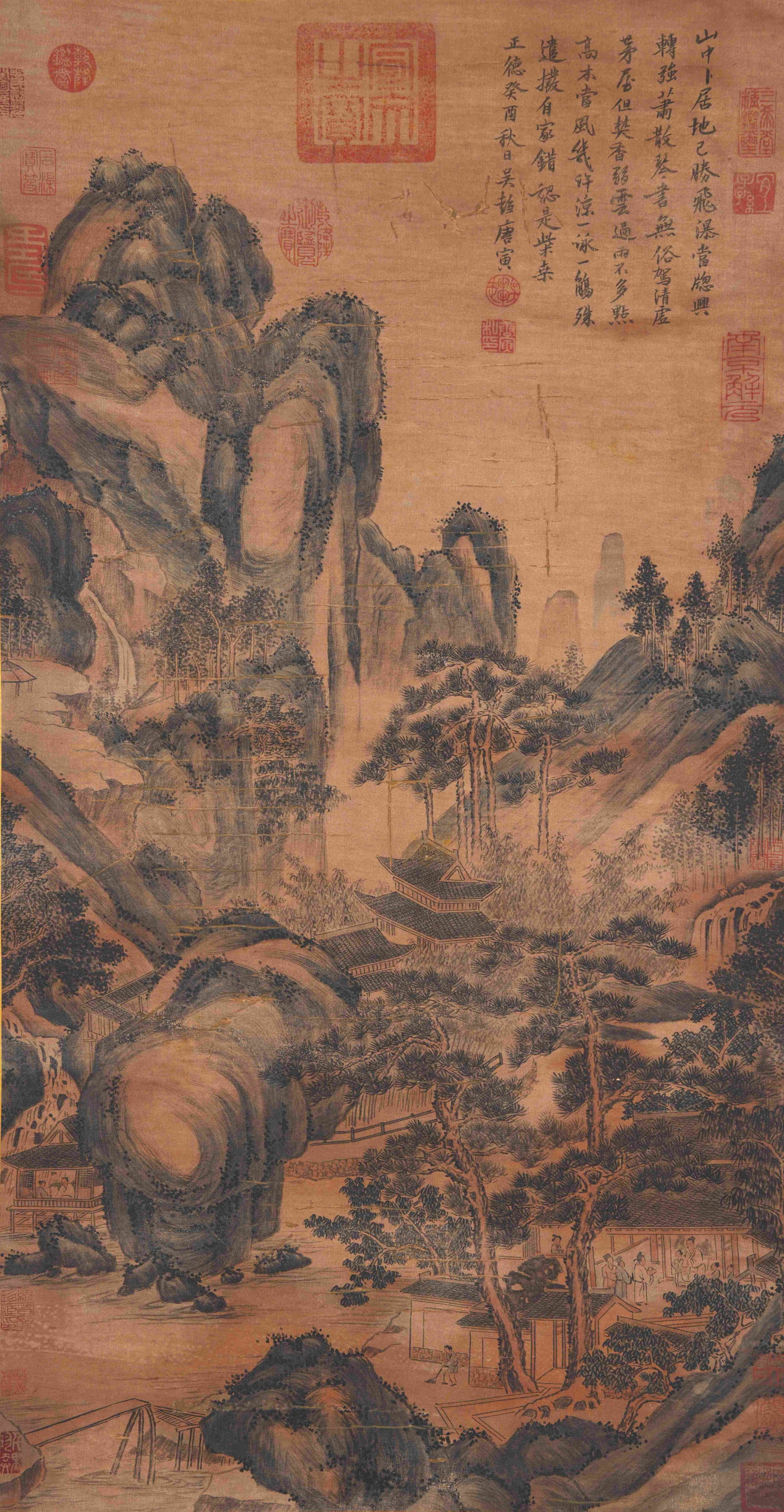 A LANDSCAPE PAINTING ON SILK BY TANG BOHU.唐伯虎: Landscape Painting on Silk by Tang Bohu.唐伯虎