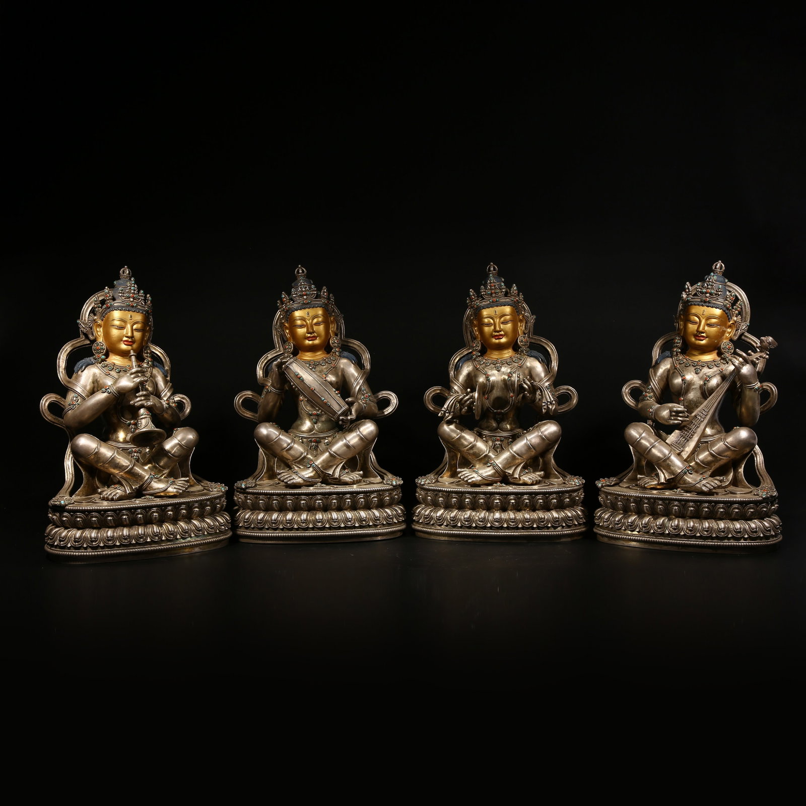 A SET OF SILVER STATUES OF SARASVATI (GODDESS OF MUSIC AND ELOQUENCE): Set of Silver Statues of Sarasvati (Goddess of Music and Eloquence)