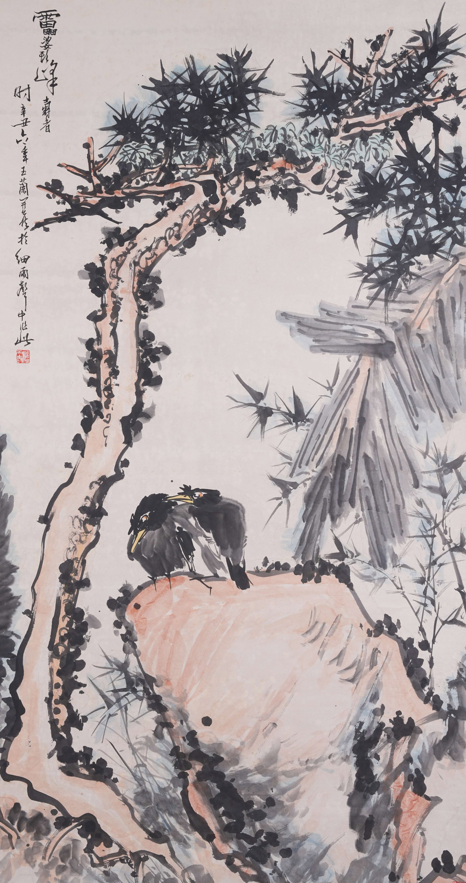 A TWO BIRDS PAINTING ON PAPER BY PAN TIANSHOU.潘天壽: Two Birds Painting on Paper by Pan Tianshou.潘天壽