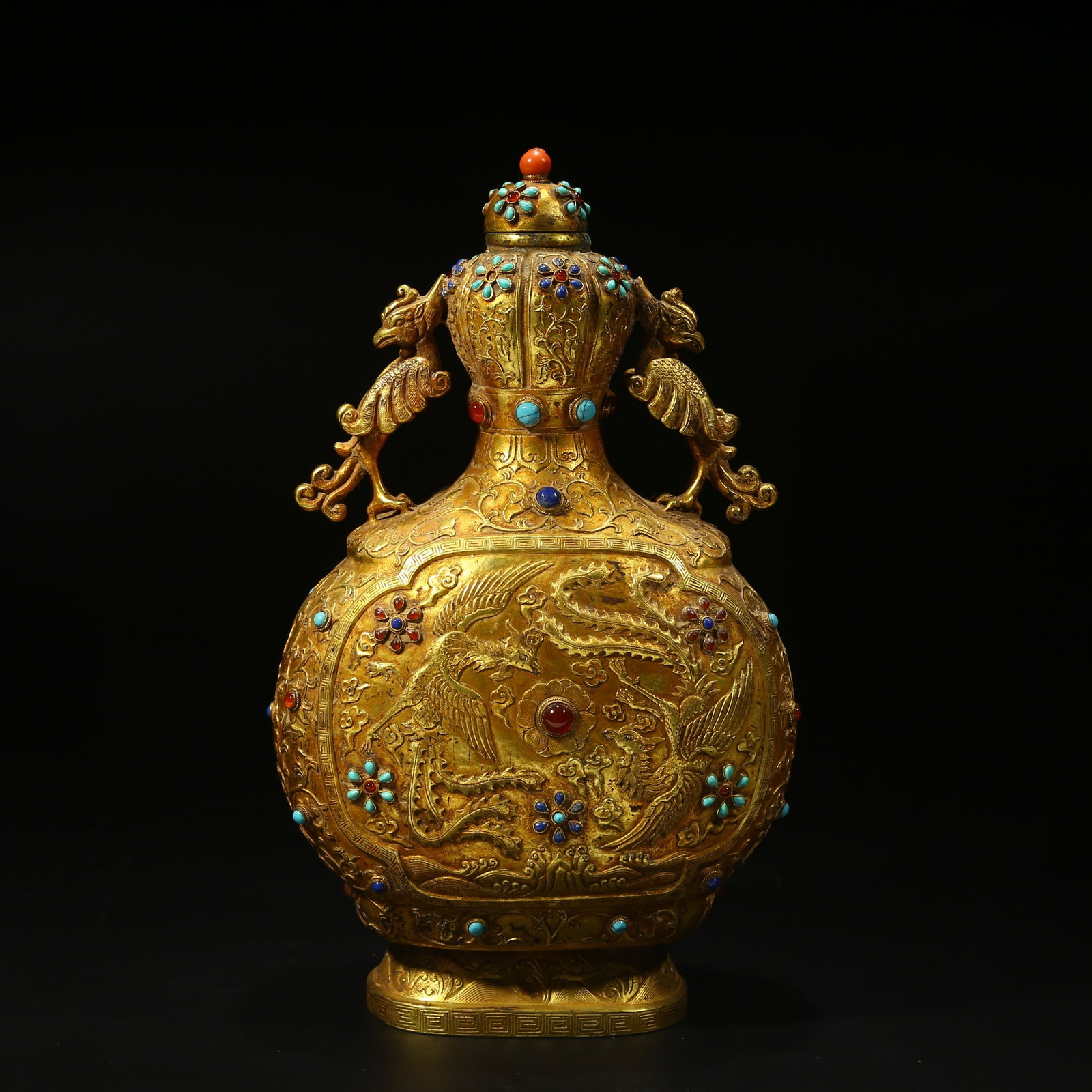 A BRONZE GILT DOUBLE-HANDLED GOURD VASE WITH PHOENIX PATTERN (1 of 10)