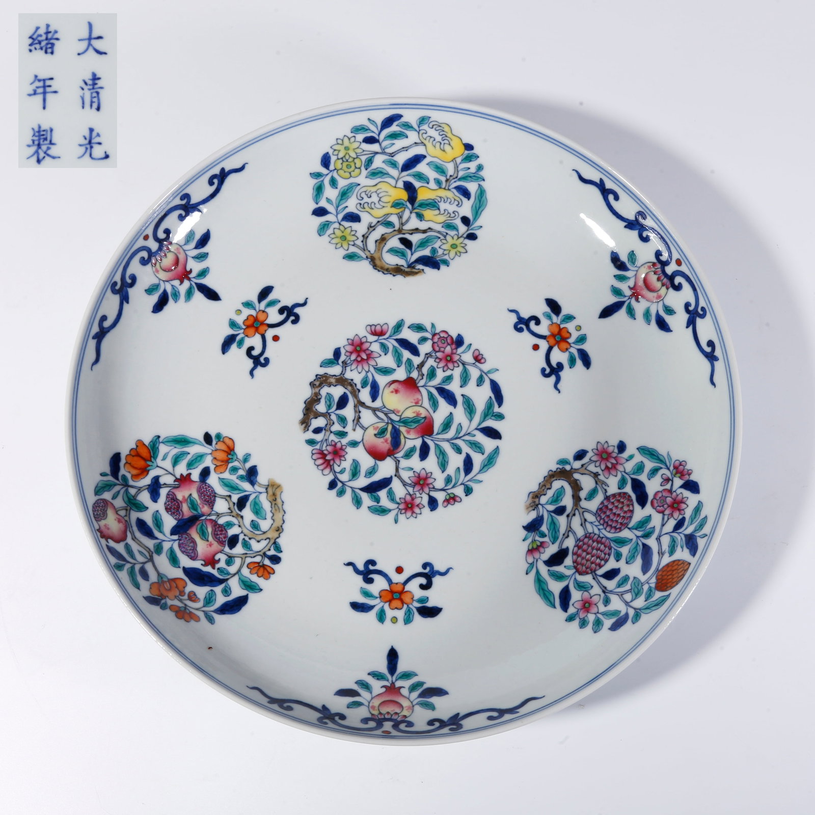 A FAMILLE ROSE FU, LU, AND SHOU PATTERN PLATE: Famille Rose Fu, Lu, and Shou Pattern Plate