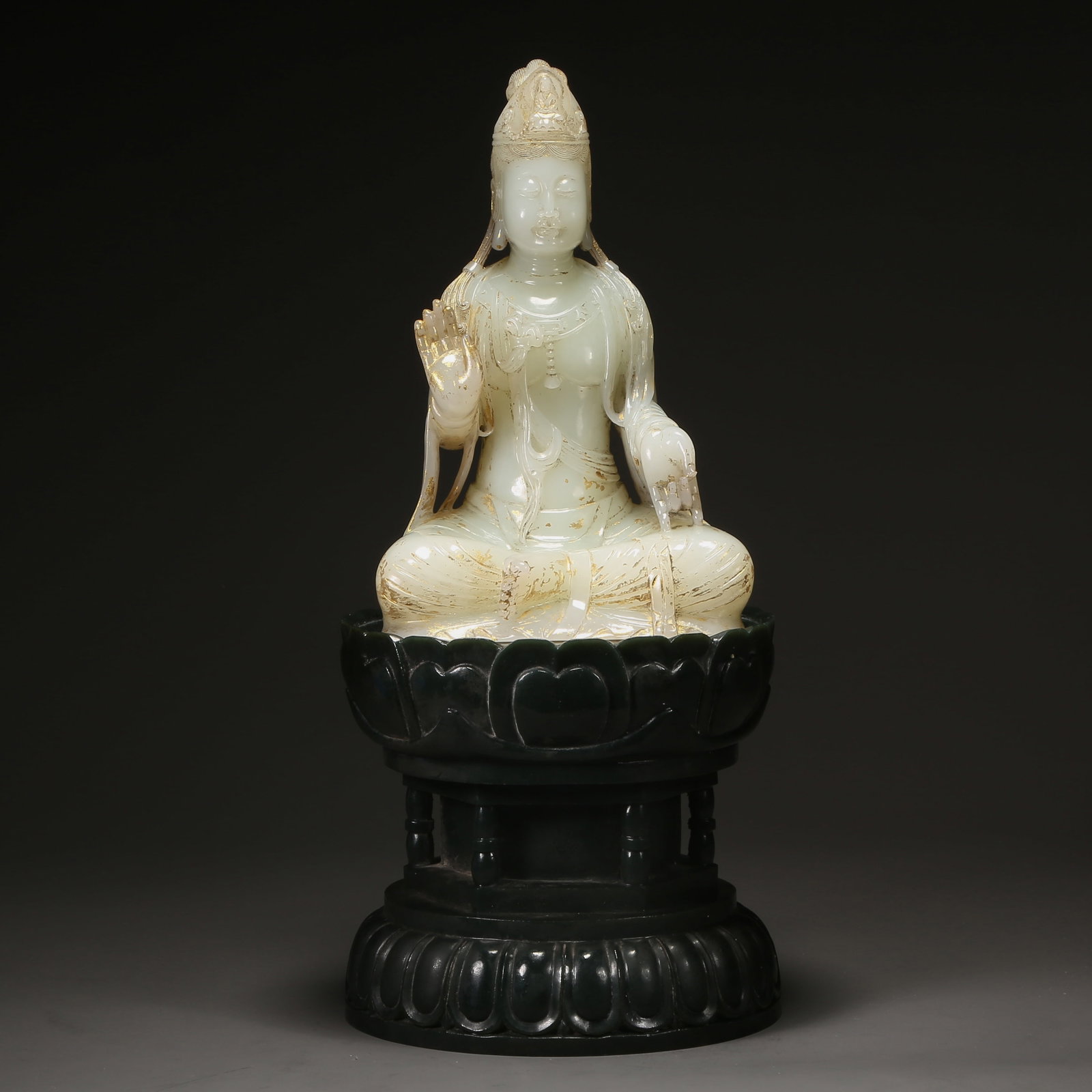 A HETIAN WHITE JADE SEATED GUANYIN BODHISATTVA WITH BI JADE BASE (1 of 9)