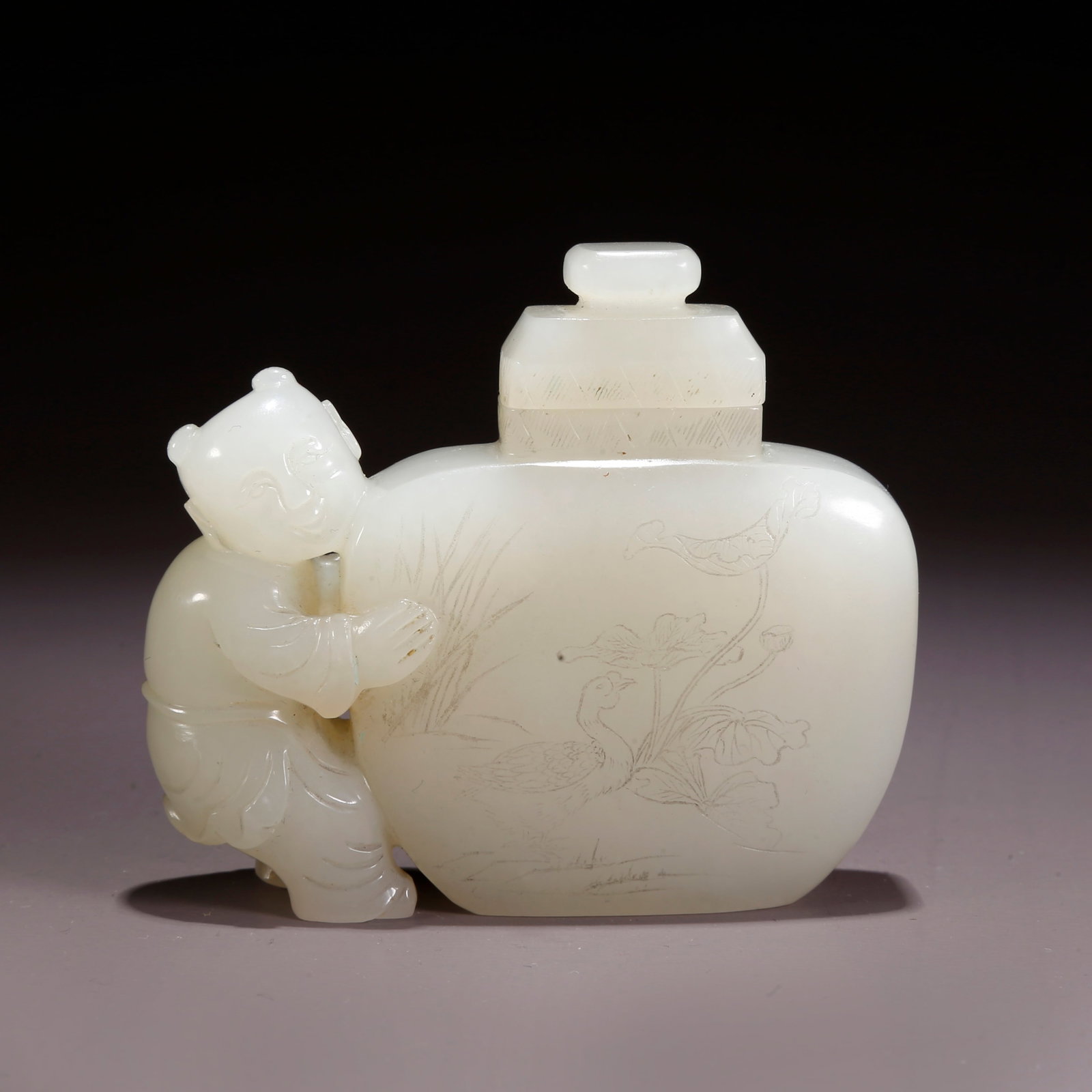 A HETIAN JADE COVERED VASE WITH BOY MOTIF: Hetian Jade Covered Vase with Boy Motif