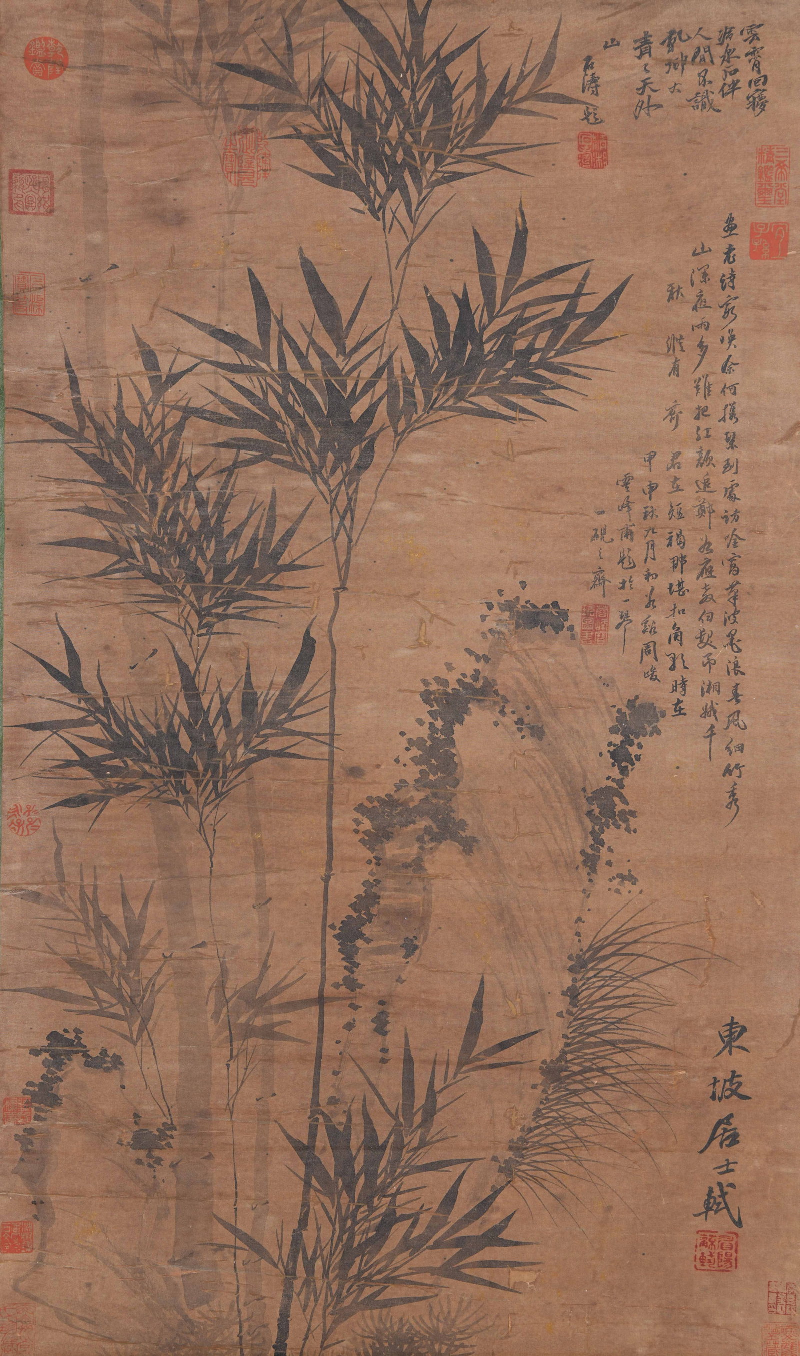A BAMBOO AND ROCK PAINTING ON SILK BY SU SHI.蘇軾: Bamboo and Rock Painting on Silk by Su Shi.蘇軾