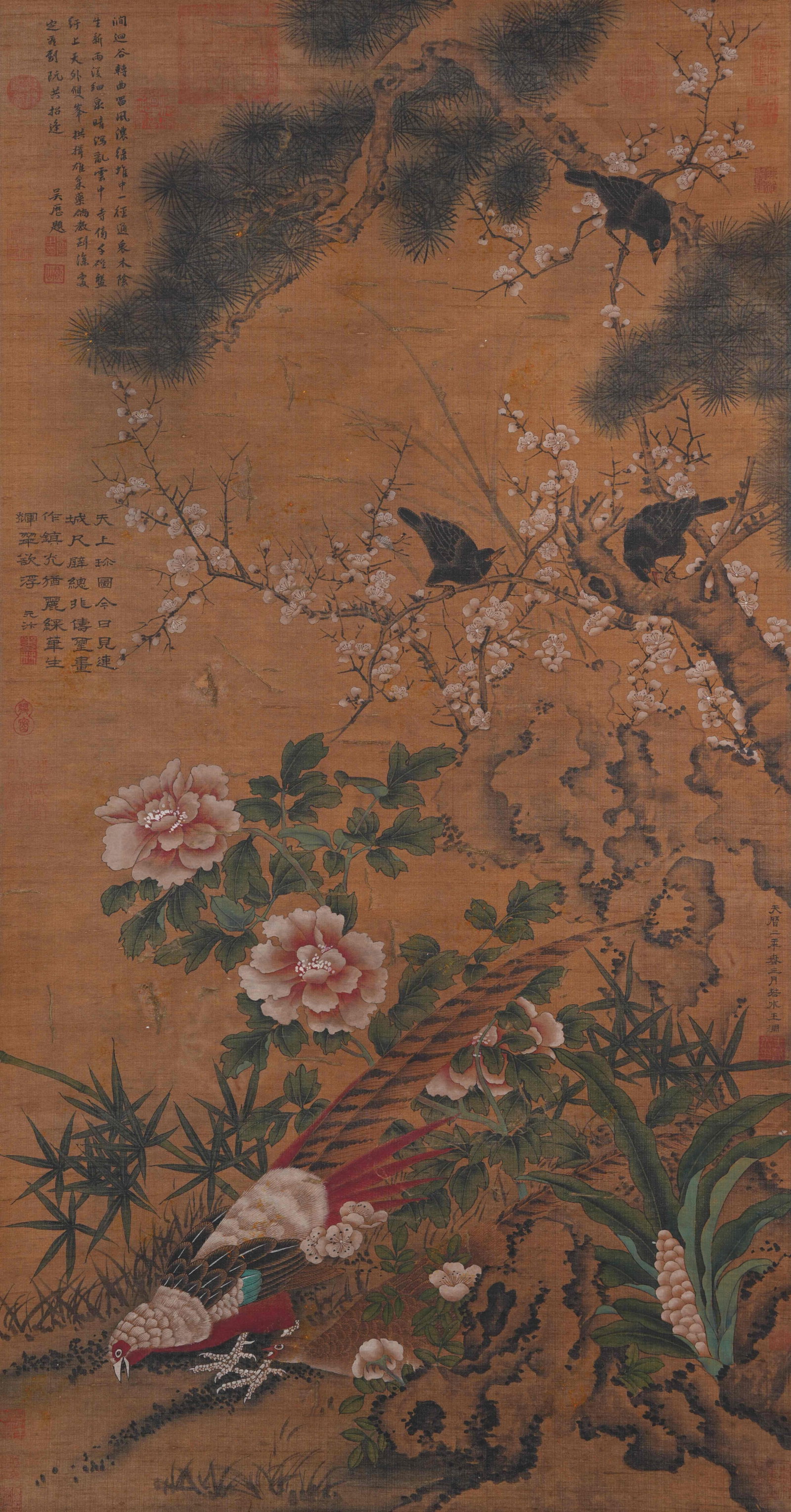 A FLOWER AND BIRD PAINTING ON SILK BY WANG YUAN.王淵: Flower and Bird Painting on Silk by Wang Yuan.王淵