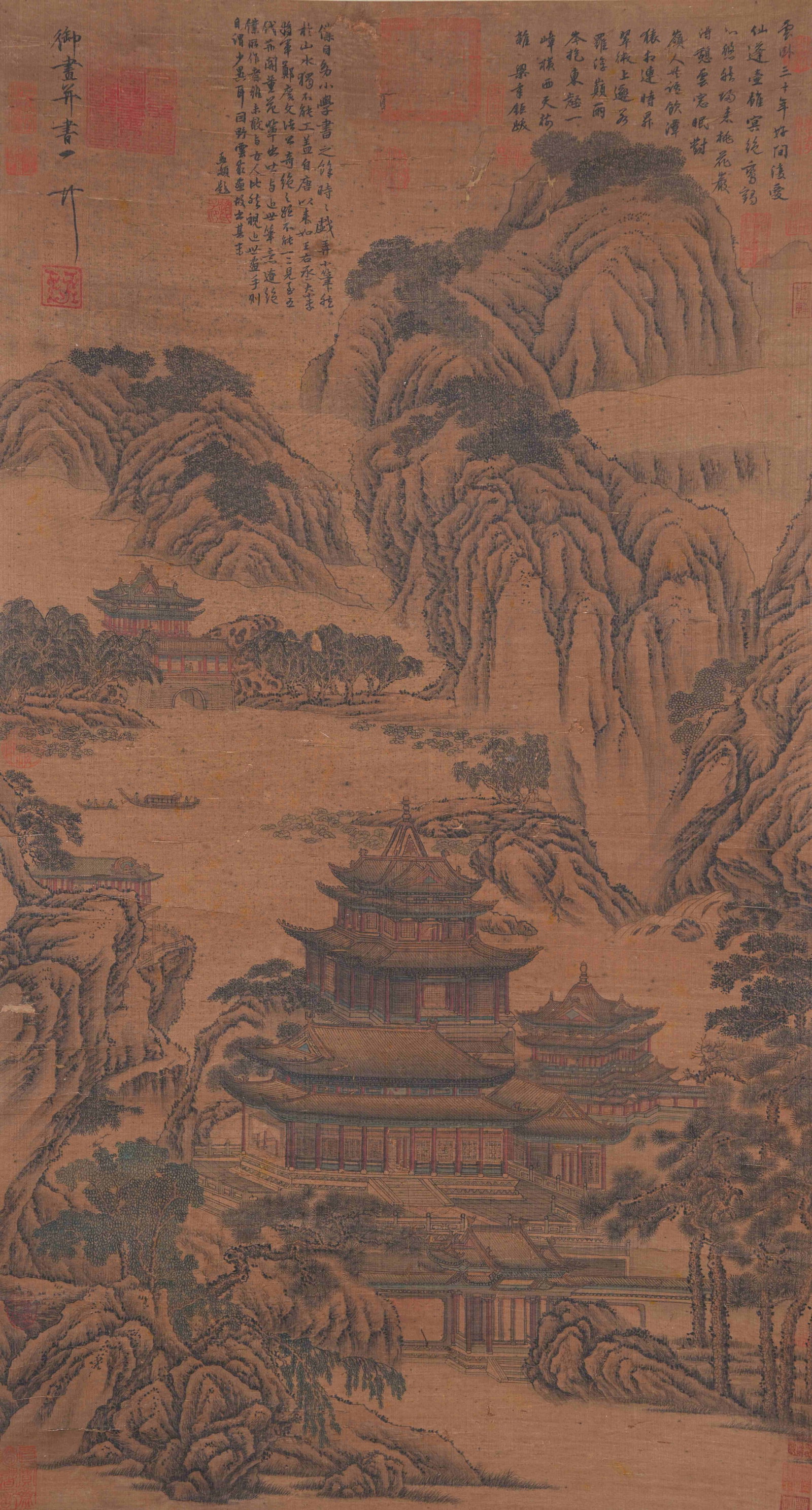 A LANDSCAPE AND PAVILION PAINTING ON SILK BY EMPEROR HUIZONG OF SONG.宋徽宗: Landscape and Pavilion Painting on Silk by Emperor Huizong of Song.宋徽宗