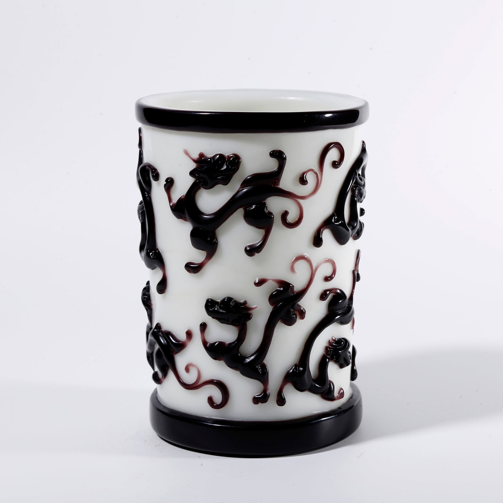 A GLASS BRUSH POT WITH DRAGON PATTERN: Glass Brush Pot with Dragon Pattern