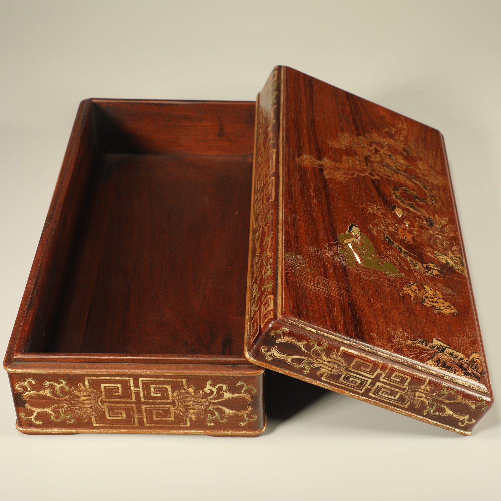 A GOLD-TRACED PAINTED HUANGHUALI BOX WITH SCHOLAR FIGURES: Gold-traced Painted Huanghuali Box with Scholar Figures