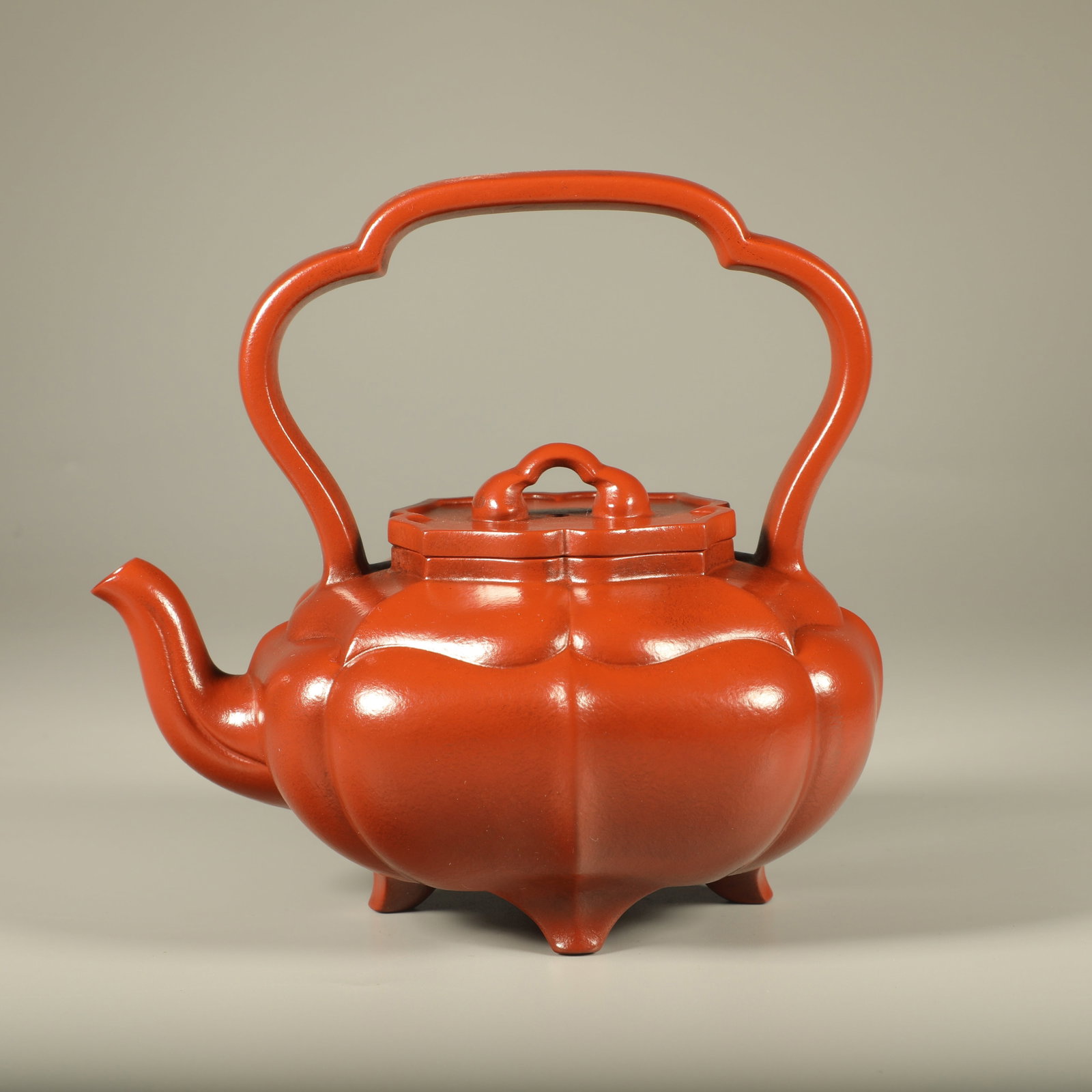 A PURPLE CLAY RIBBED RUYI HANDLED POT (1 of 6)