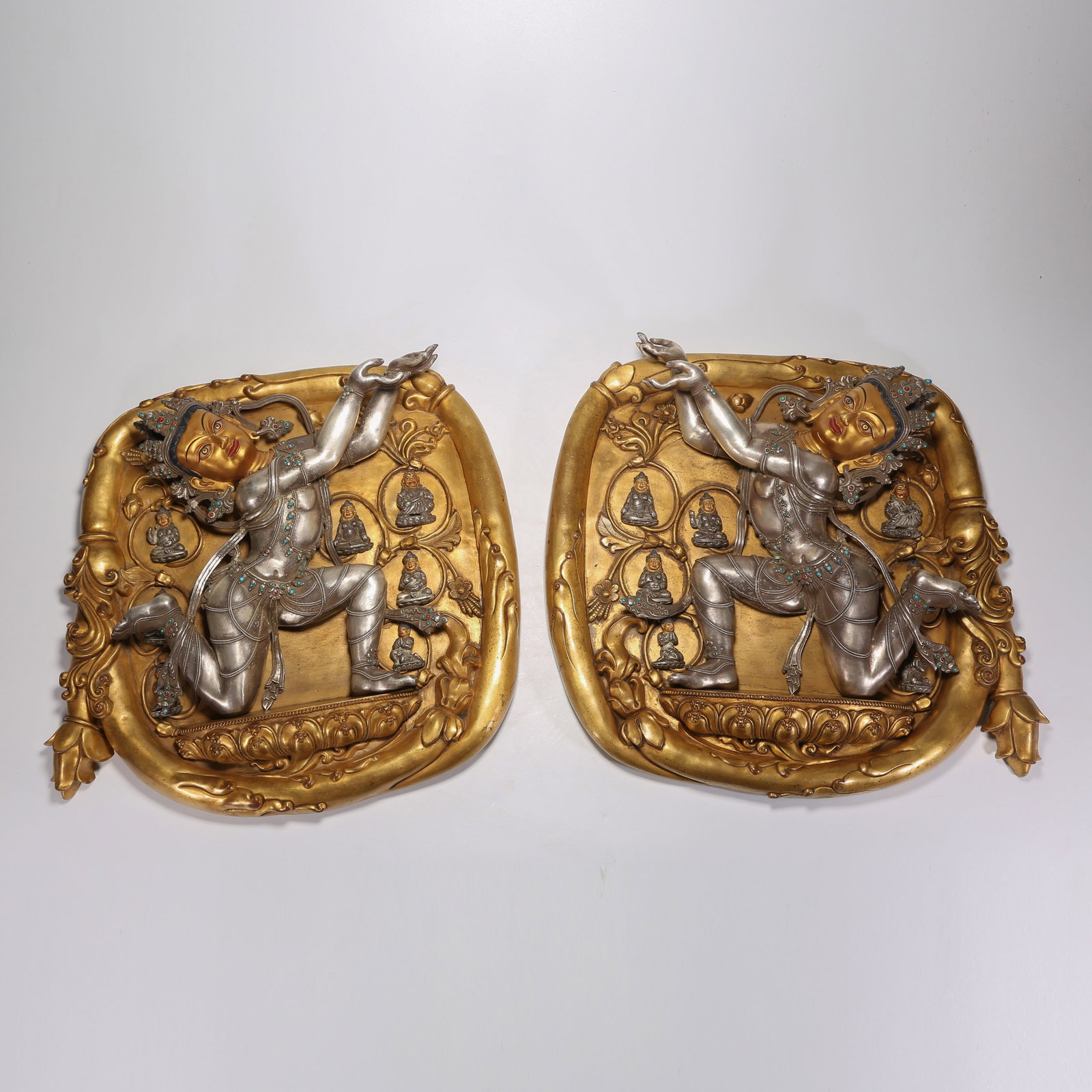 A SET OF SILVER BUDDHIST PANELS WITH OFFERING GODDESSES IN THE DENSATIL MONASTERY STYLE: Set of Silver Buddhist Panels with Offering Goddesses in the Densatil Monastery Style