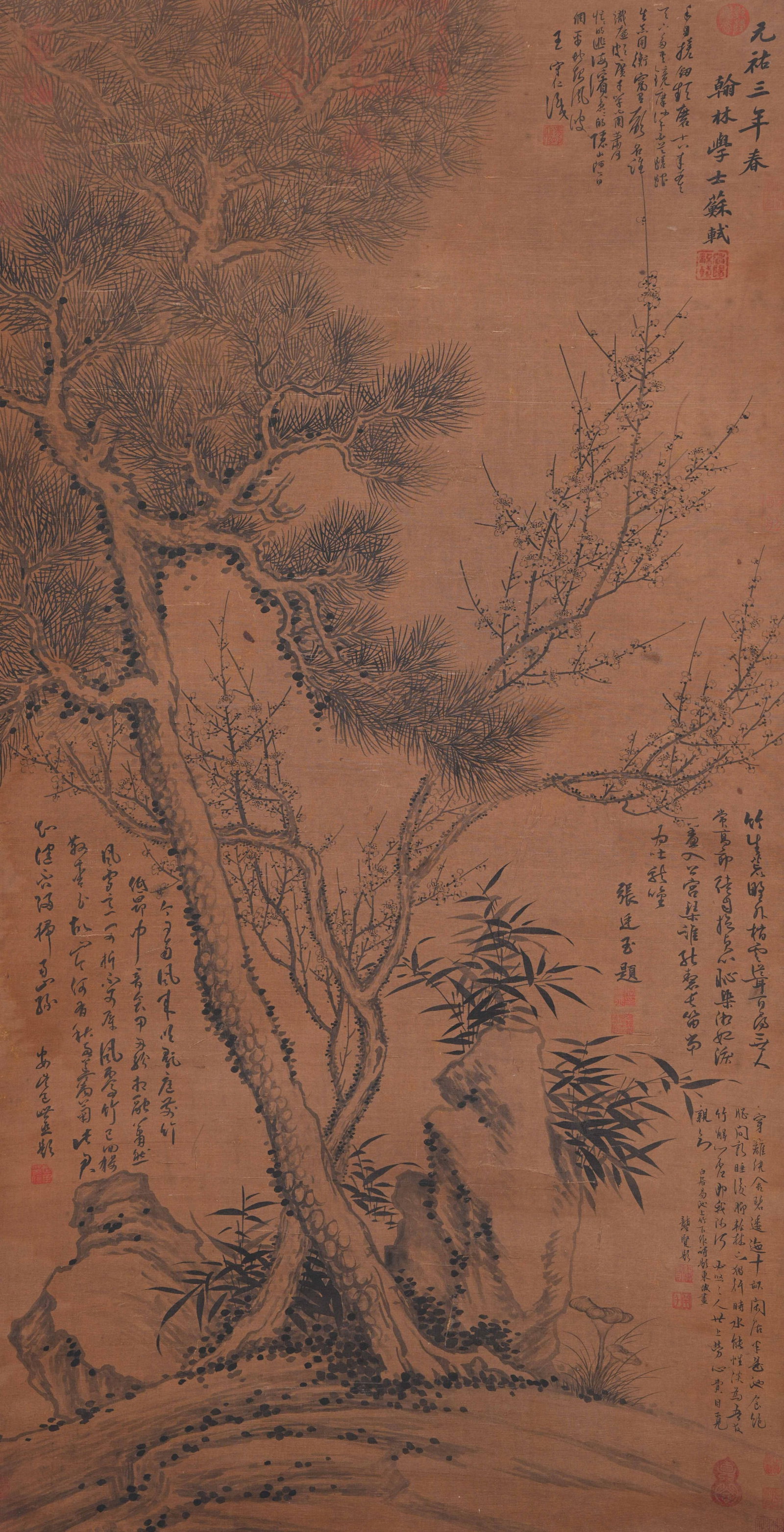 A THREE FRIENDS OF WINTER PAINTING ON SILK BY SU SHI.蘇軾: Three Friends of Winter Painting on Silk by Su Shi.蘇軾