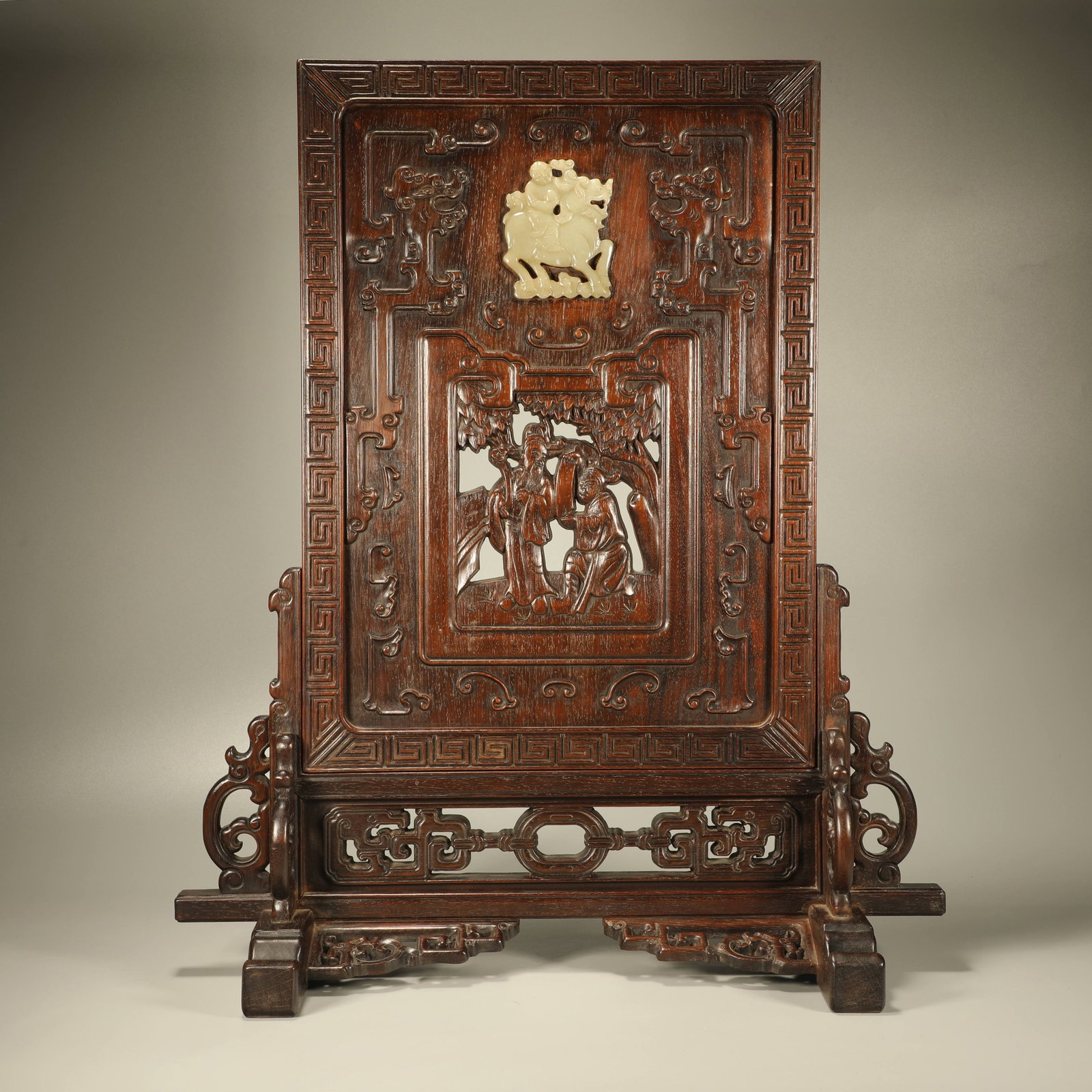 A HUANGHUALI TABLE SCREEN CARVED WITH FIGURES AND INLAID WITH JADE KYLIN DELIVERING CHILD (1 of 8)