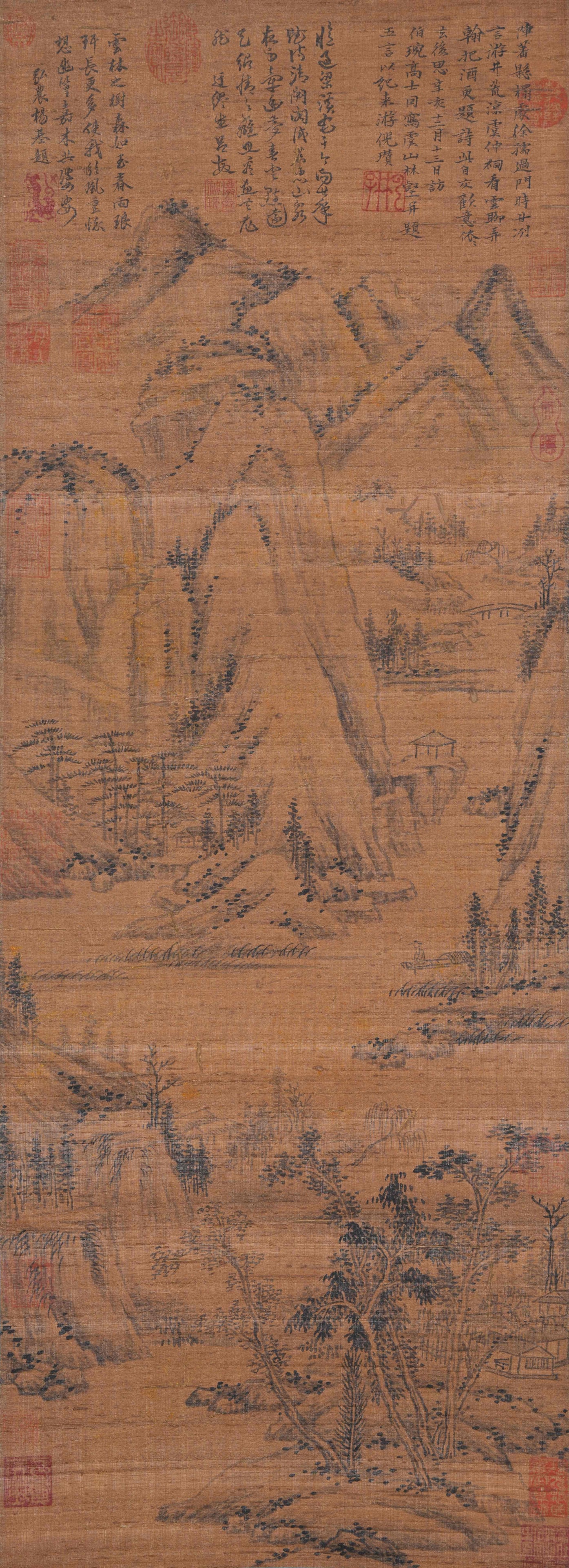 A LANDSCAPE PAINTING ON SILK BY NI ZAN.倪瓚: Landscape Painting on Silk by Ni Zan.倪瓚