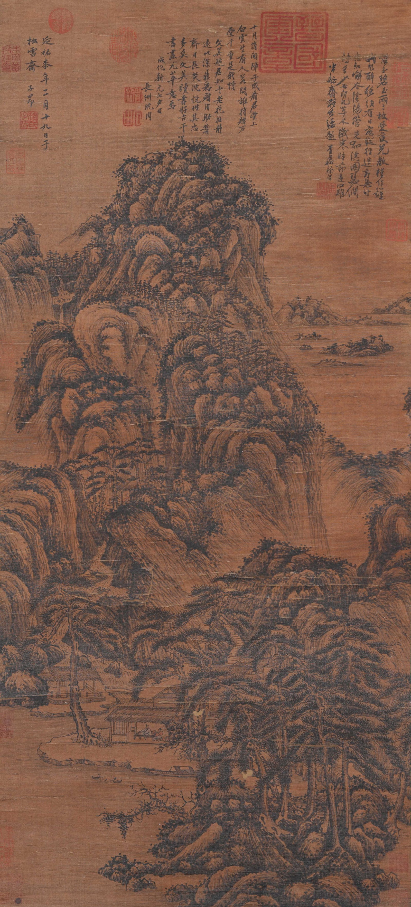 A LANDSCAPE PAINTING ON SILK BY ZHAO MENGFU.趙孟頫: Landscape Painting on Silk by Zhao Mengfu.趙孟頫