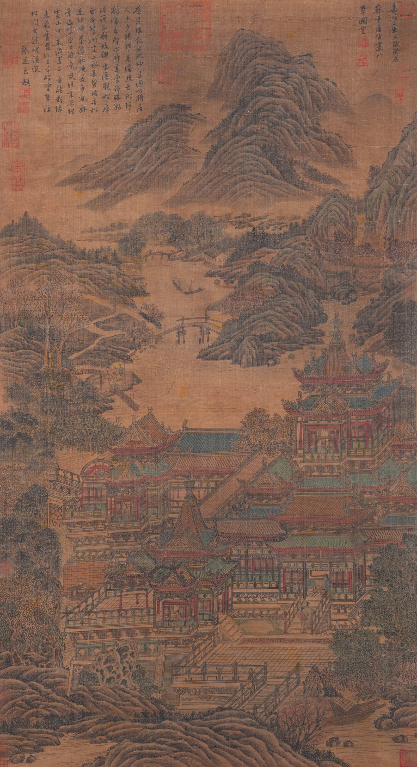 A LANDSCAPE AND PAVILION PAINTING ON SILK BY TANG BOHU.唐伯虎: Landscape and Pavilion Painting on Silk by Tang Bohu.唐伯虎