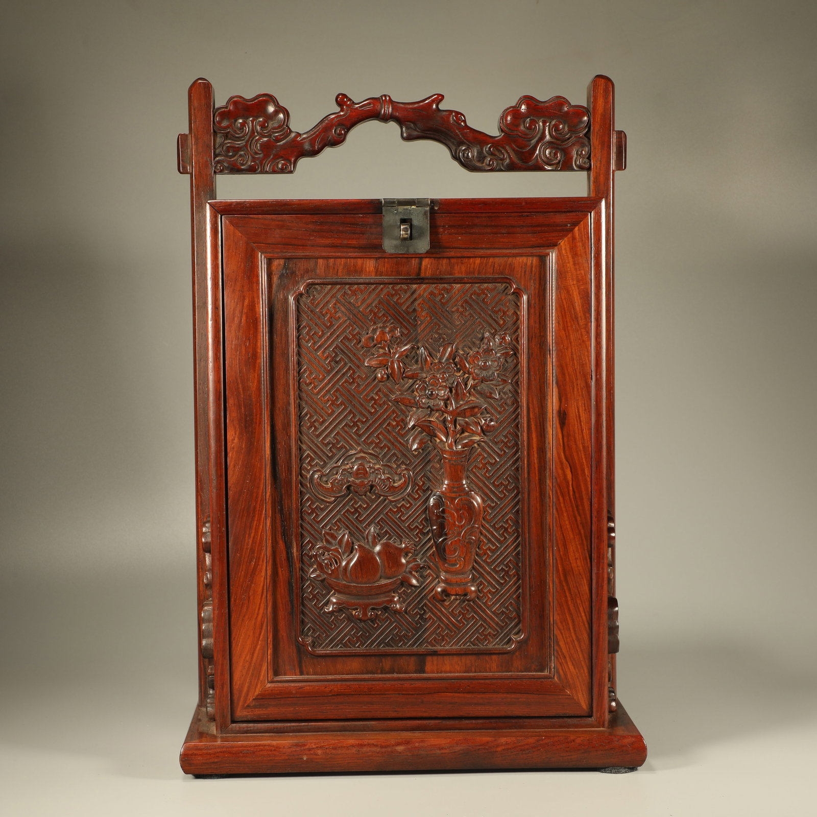A HUANGHUALI CHEST CARVED WITH GANODERMA, BLESSING AND PEACE PATTERN: Huanghuali Chest Carved with Ganoderma, Blessing and Peace Pattern