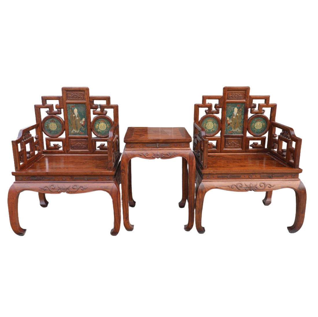 A SET OF HUANGHUALI ARMCHAIRS INLAID WITH GREEN CLOUD STONE BLESSING AND LONGEVITY PATTERNS: Set of Huanghuali Armchairs Inlaid with Green Cloud Stone Blessing and Longevity Patterns