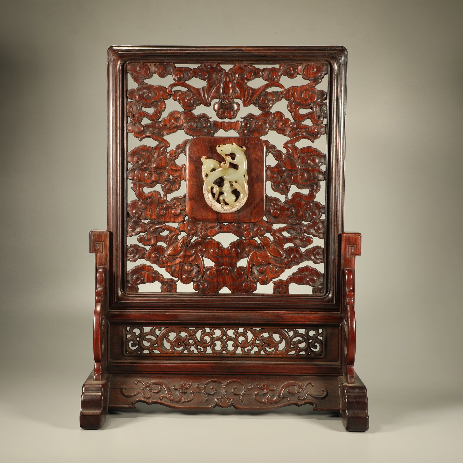 A HUANGHUALI TABLE SCREEN INLAID WITH JADE PATTERN OF HOPING CHILDREN ACHIEVE SUCCESS (1 of 8)