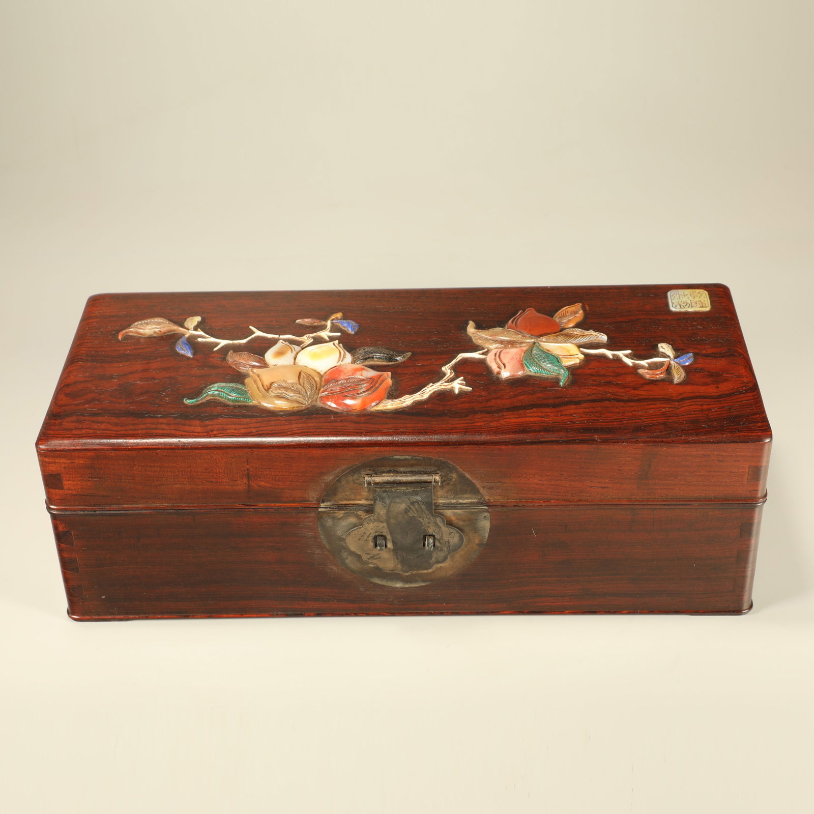 A HUANGHUALI PEACH BOX INLAID WITH PRECIOUS STONES: Huanghuali Peach Box Inlaid with Precious Stones