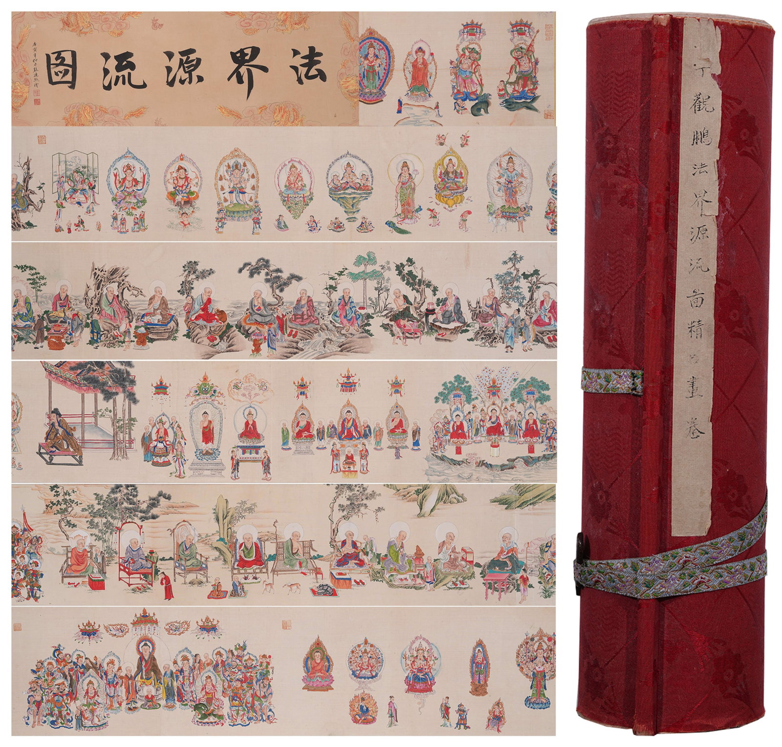 A ORIGIN OF DHARMA REALM PAINTING HANDSCROLL ON SILK BY DING GUANPENG.丁觀鵬: Origin of Dharma Realm Painting Handscroll on Silk by Ding Guanpeng.丁觀鵬