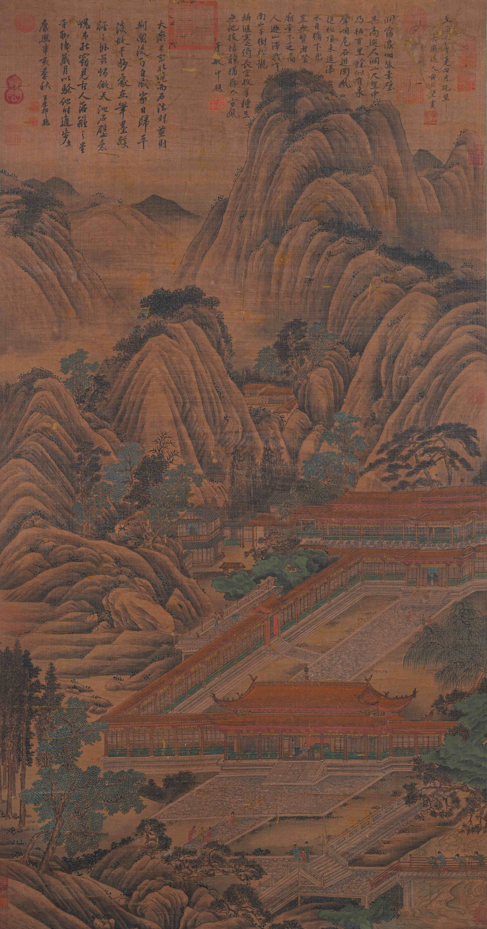 A LANDSCAPE AND COURTYARD PAINTING ON SILK BY HUANG GONGWANG.黃公望: Landscape and Courtyard Painting on Silk by Huang Gongwang.黃公望