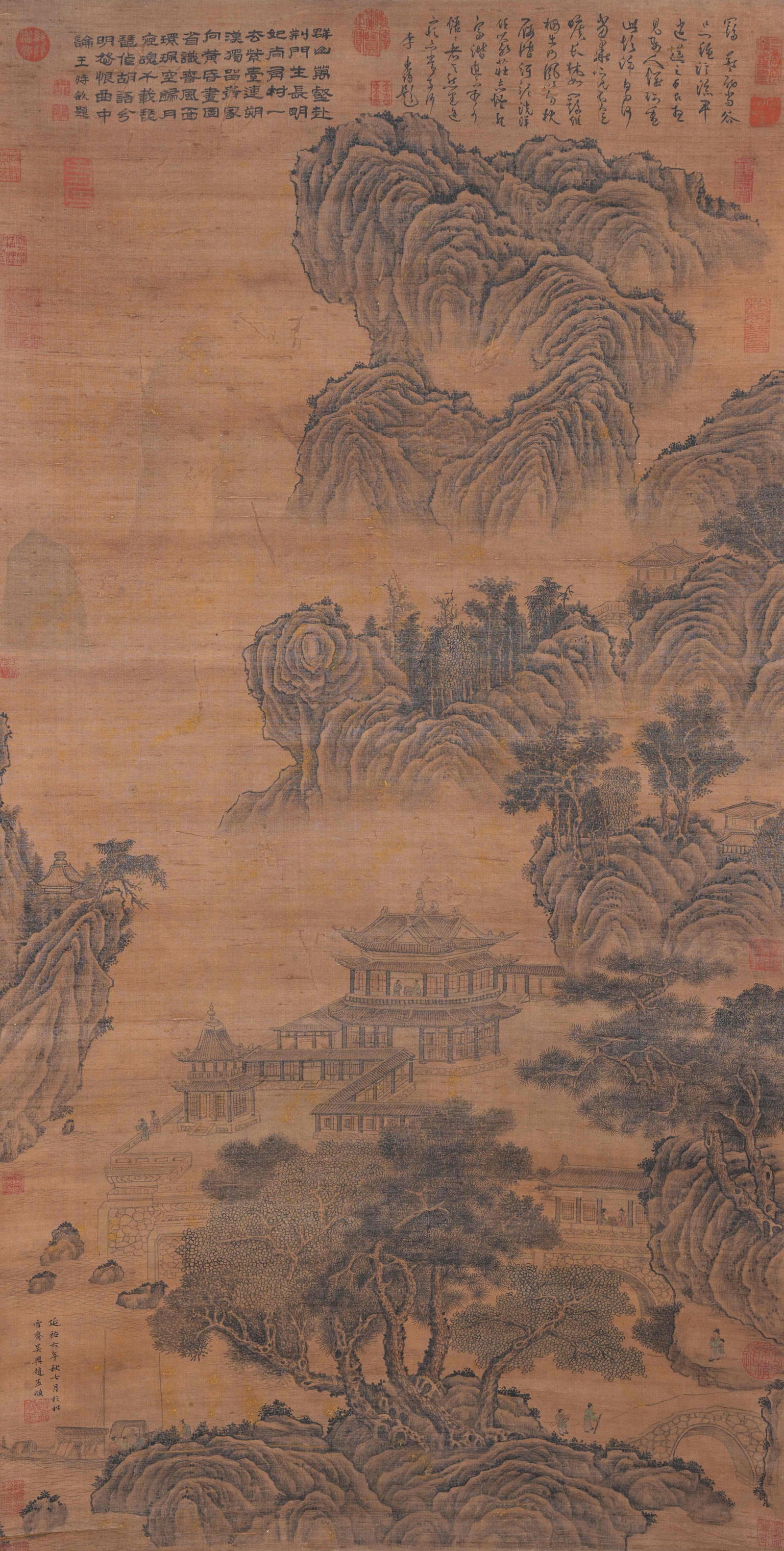 A LANDSCAPE AND PAVILION PAINTING ON SILK BY ZHAO MENGFU.趙孟頫: Landscape and Pavilion Painting on Silk by Zhao Mengfu.趙孟頫