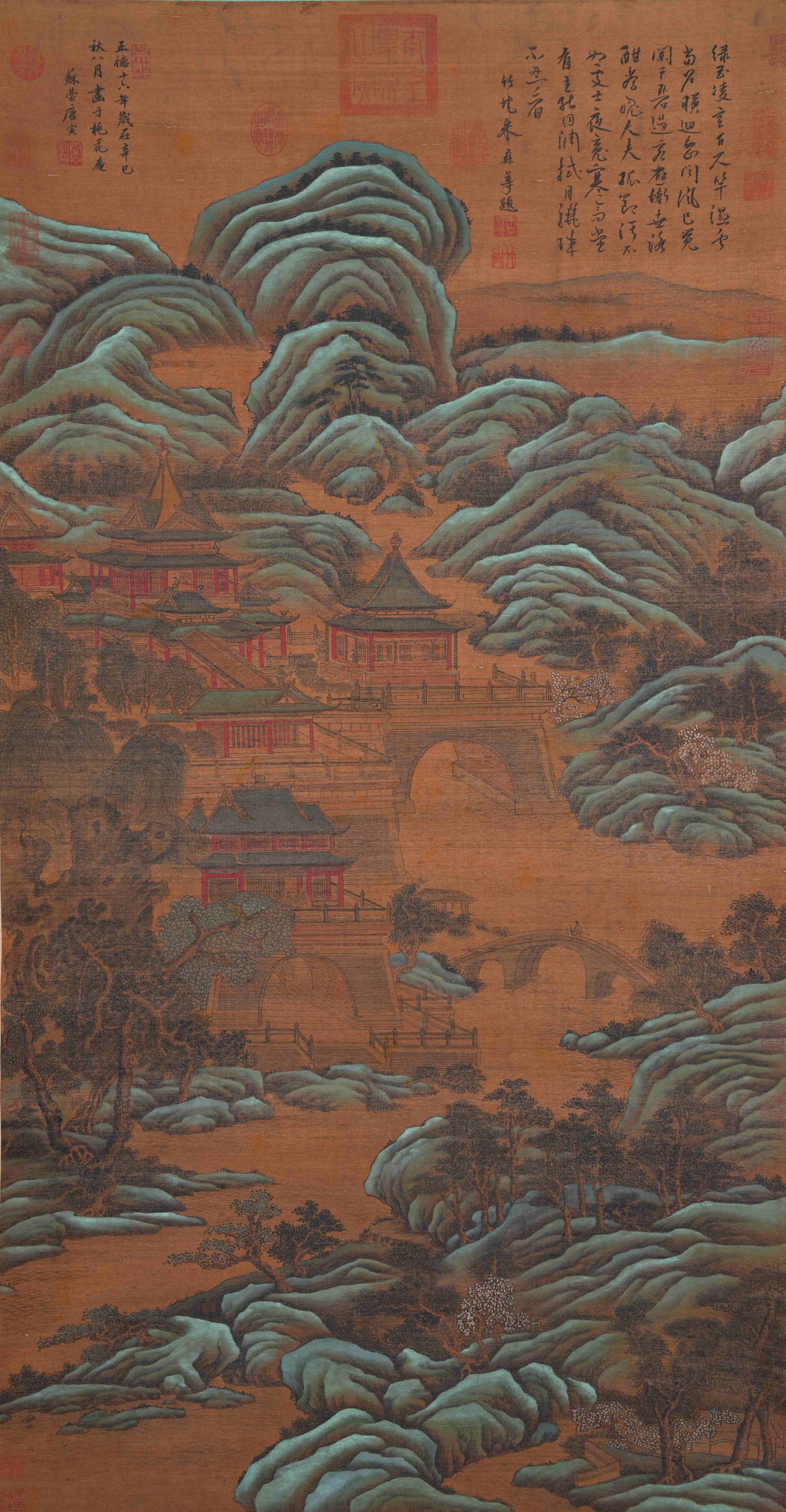 A LANDSCAPE AND PAVILION PAINTING ON SILK BY TANG BOHU.唐伯虎: Landscape and Pavilion Painting on Silk by Tang Bohu.唐伯虎