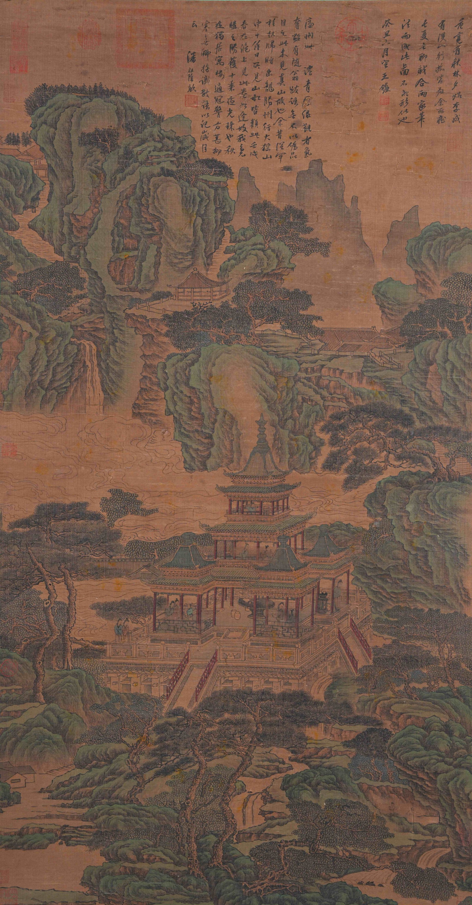 A LANDSCAPE AND PAVILION PAINTING ON SILK BY WANG JIAN.王鑑: Landscape and Pavilion Painting on Silk by Wang Jian.王鑑